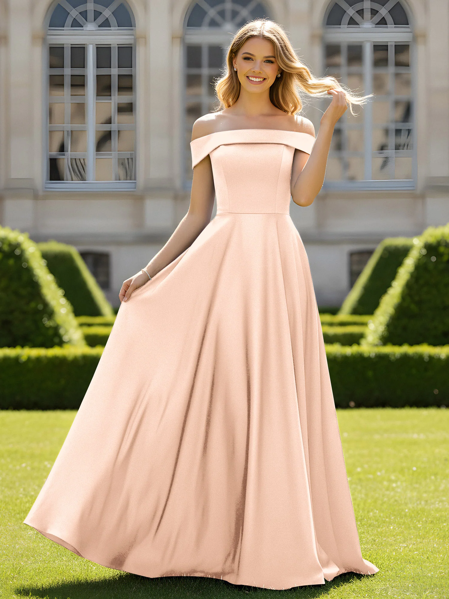 Off-The-Shoulder A-Line Satin Minimal Dress Peach
