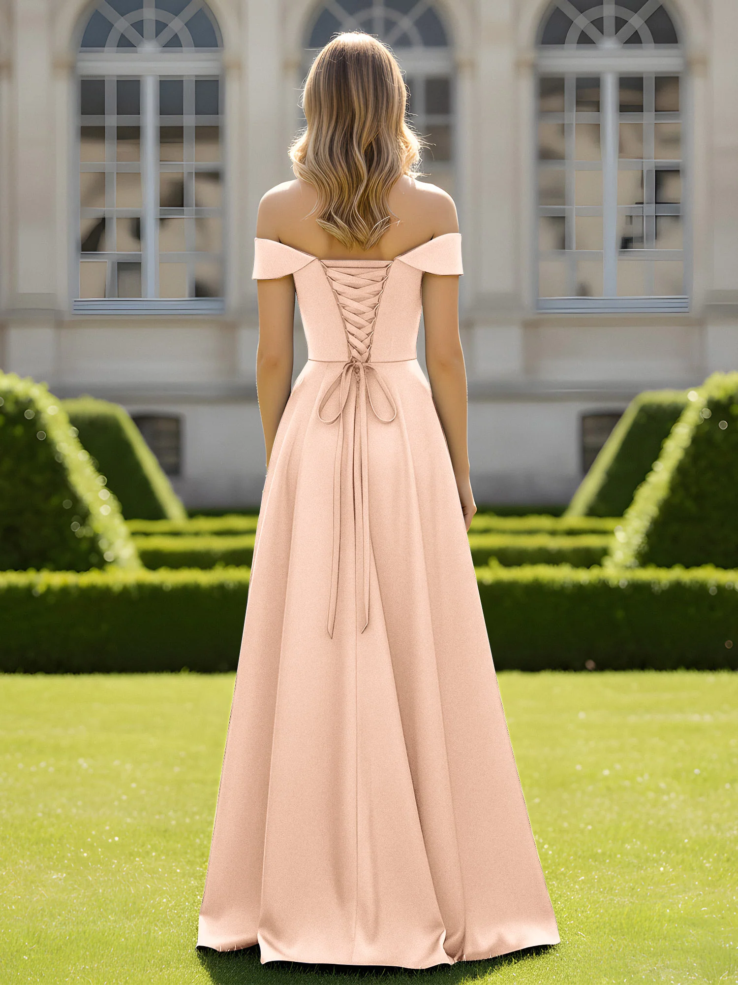 Off-The-Shoulder A-Line Satin Minimal Dress Peach - Image 2
