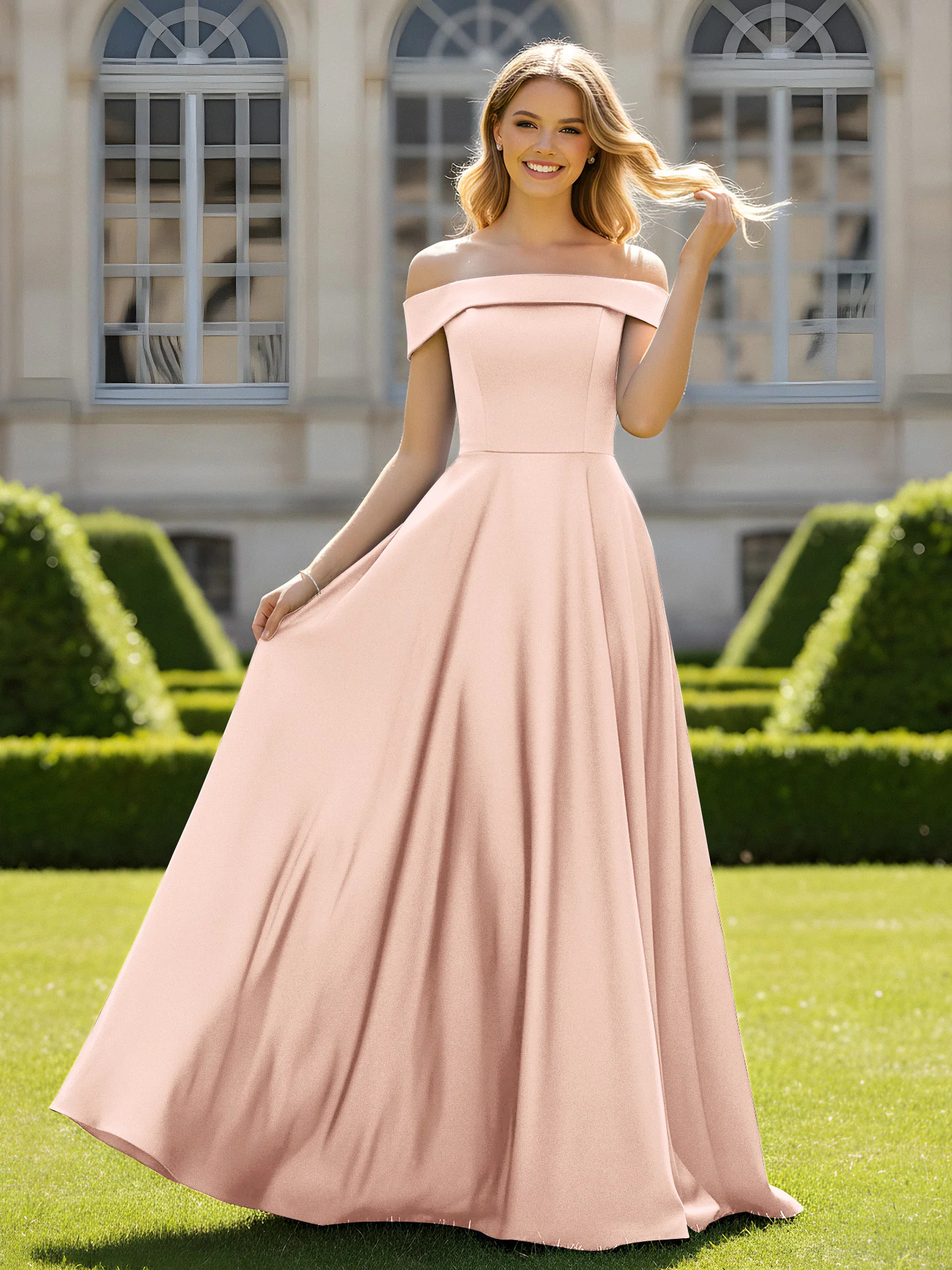 Off-The-Shoulder A-Line Satin Minimal Dress Pearl Pink