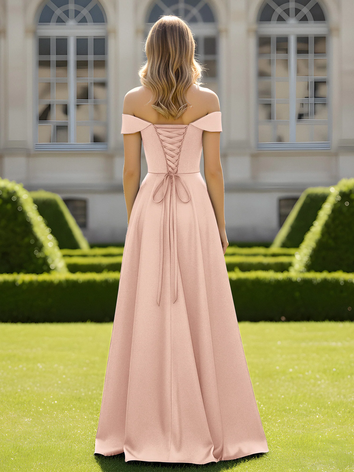 Off-The-Shoulder A-Line Satin Minimal Dress Pearl Pink - Image 2