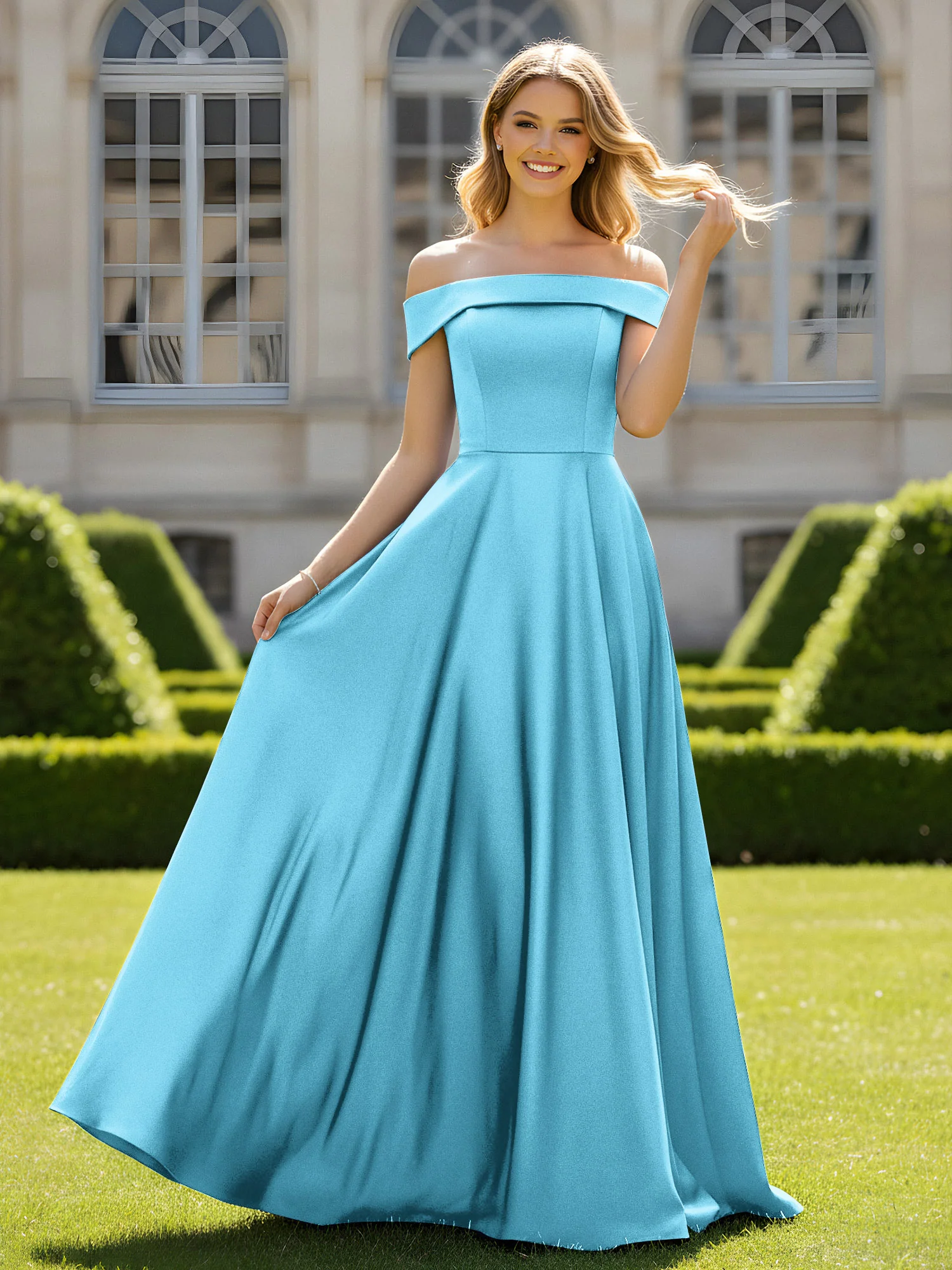 Off-The-Shoulder A-Line Satin Minimal Dress Pool
