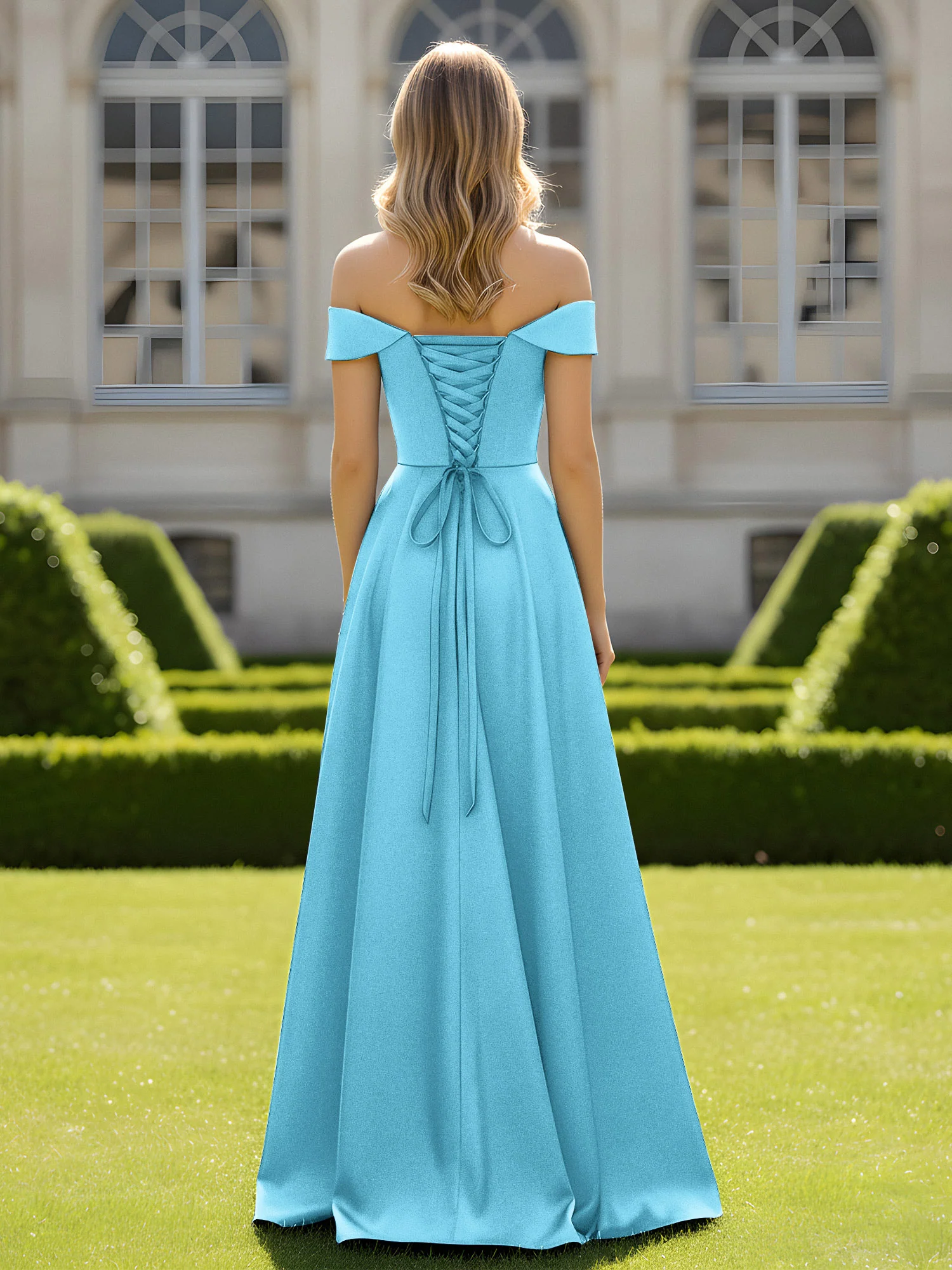 Off-The-Shoulder A-Line Satin Minimal Dress Pool - Image 2