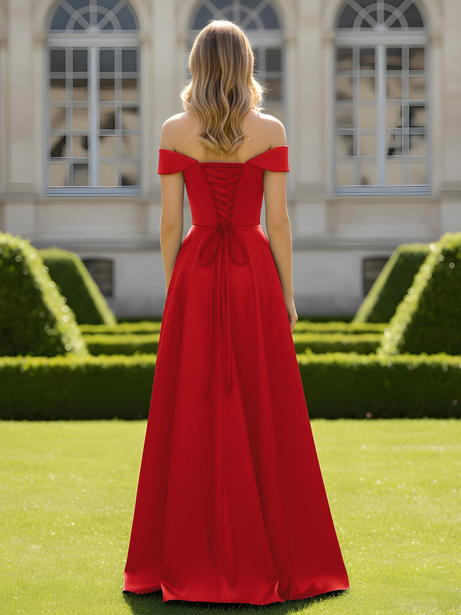 Off-The-Shoulder A-Line Satin Minimal Dress Red - Image 2