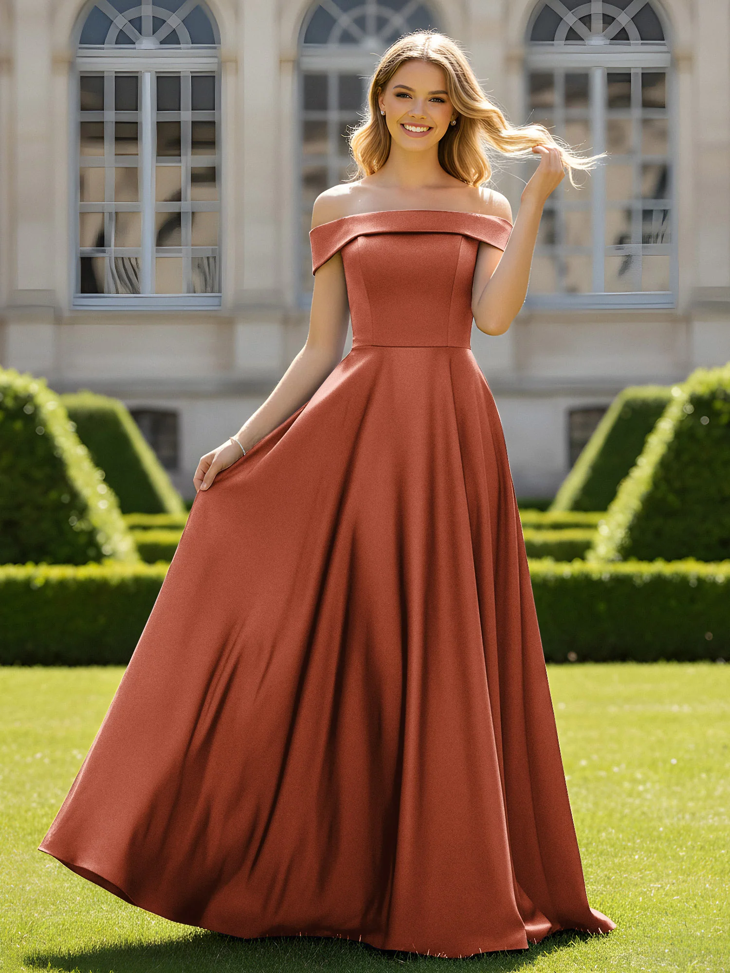 Off-The-Shoulder A-Line Satin Minimal Dress Rust