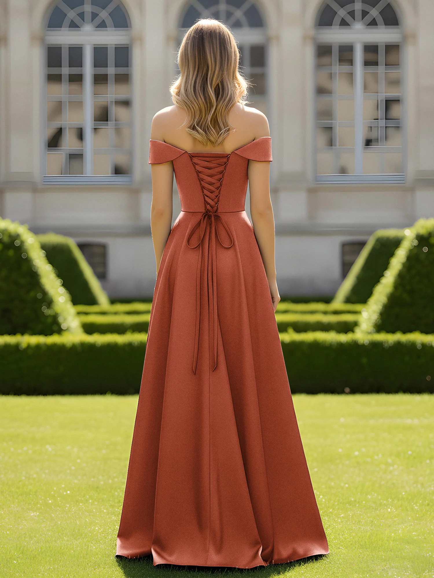 Off-The-Shoulder A-Line Satin Minimal Dress Rust - Image 2