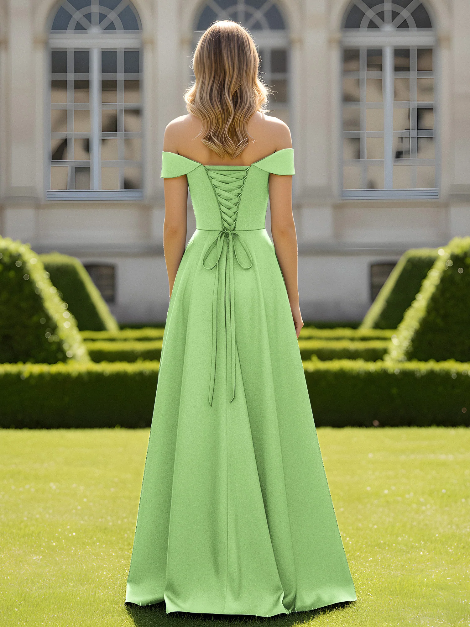 Off-The-Shoulder A-Line Satin Minimal Dress Sage - Image 2
