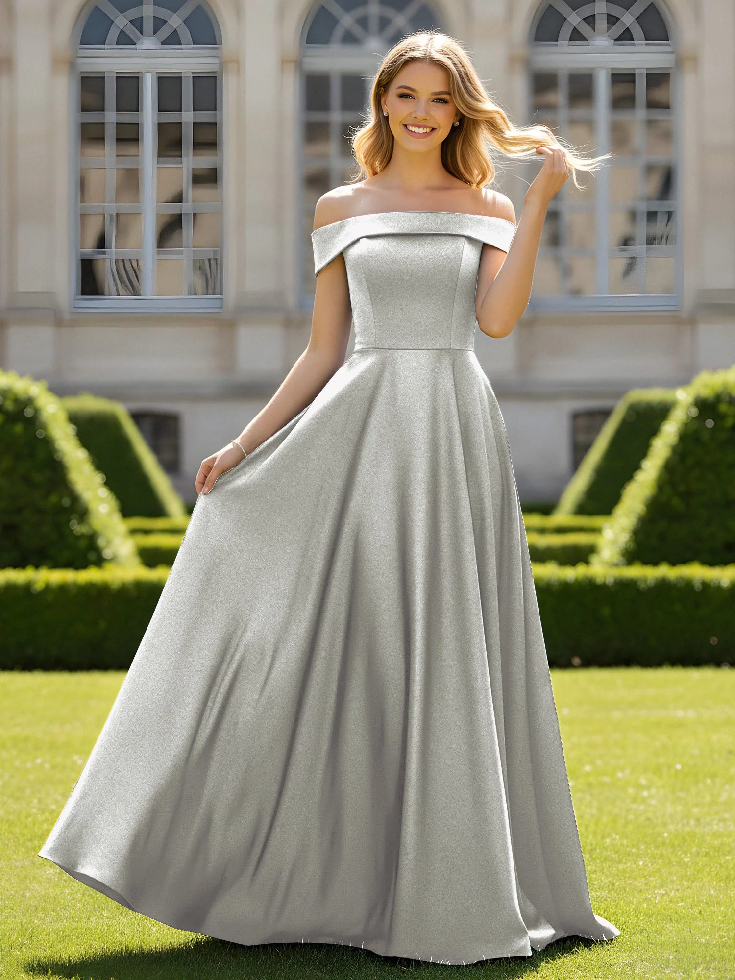 Off-The-Shoulder A-Line Satin Minimal Dress Silver