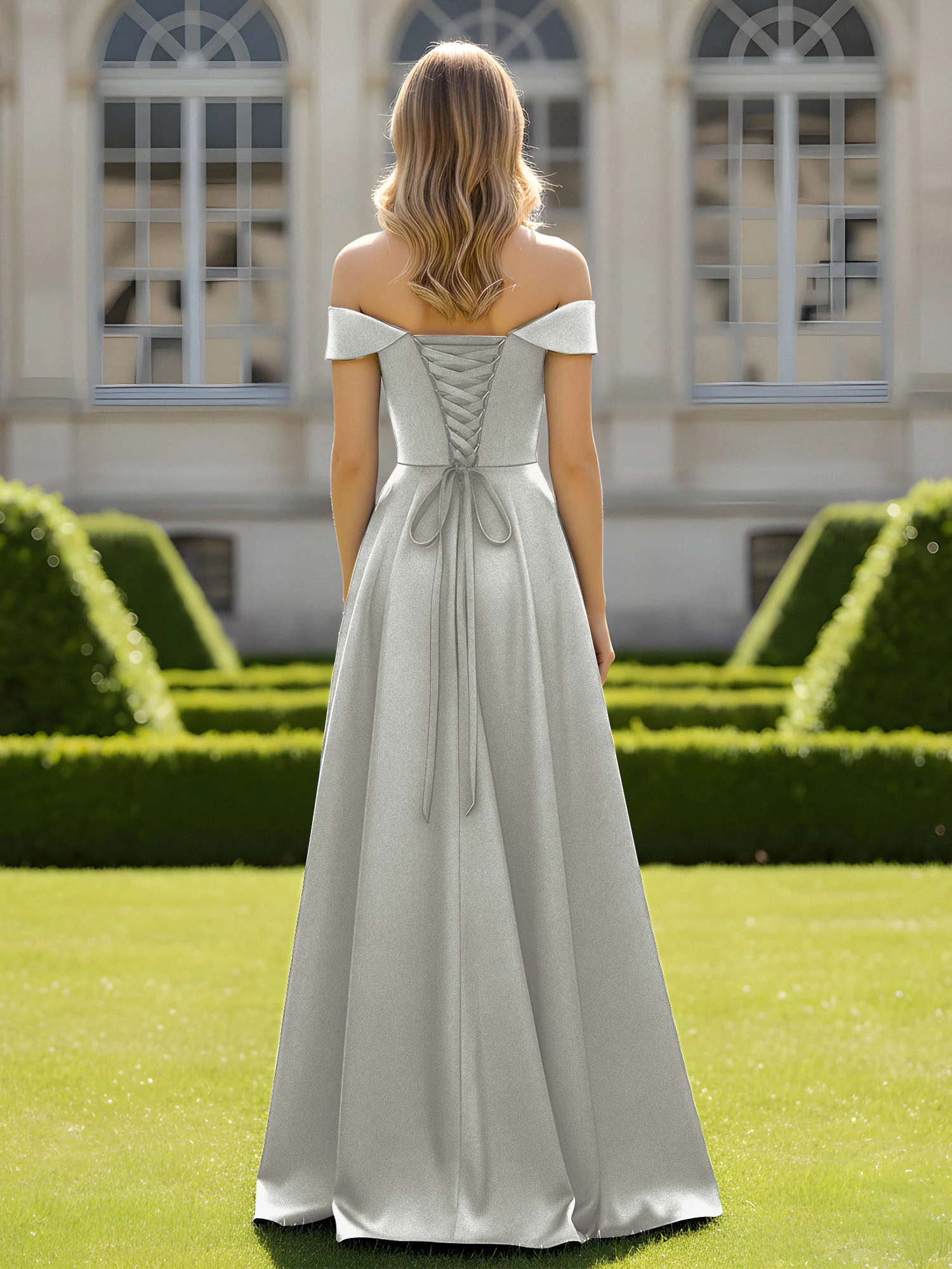 Off-The-Shoulder A-Line Satin Minimal Dress Silver - Image 2