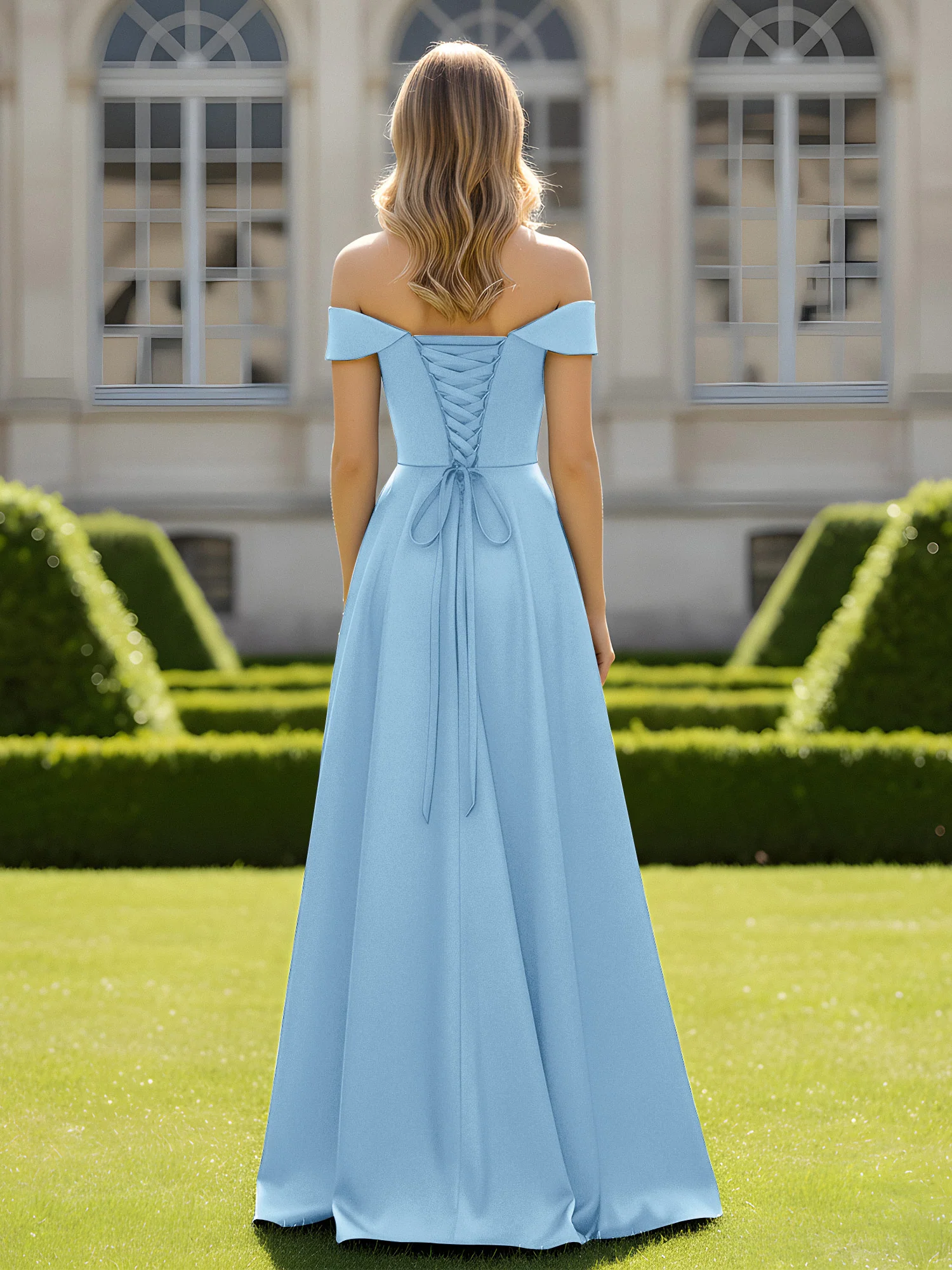 Off-The-Shoulder A-Line Satin Minimal Dress Sky Blue - Image 2