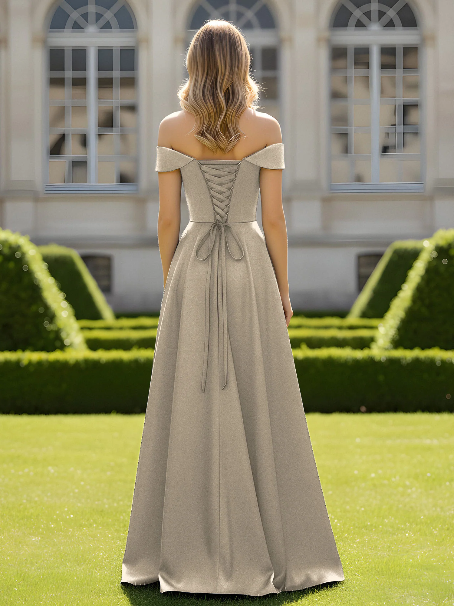 Off-The-Shoulder A-Line Satin Minimal Dress Taupe - Image 2