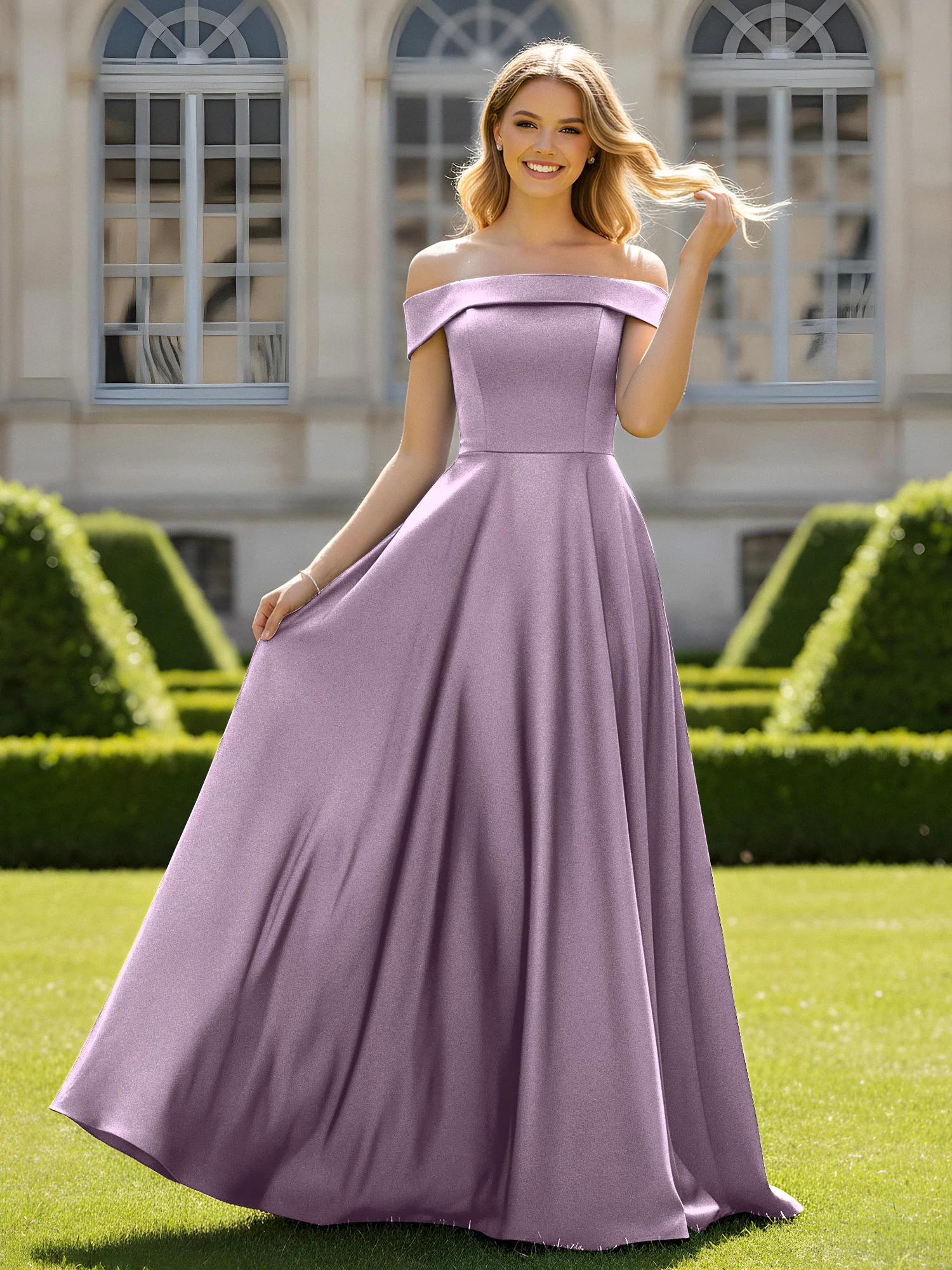 Off-The-Shoulder A-Line Satin Minimal Dress Wisteria
