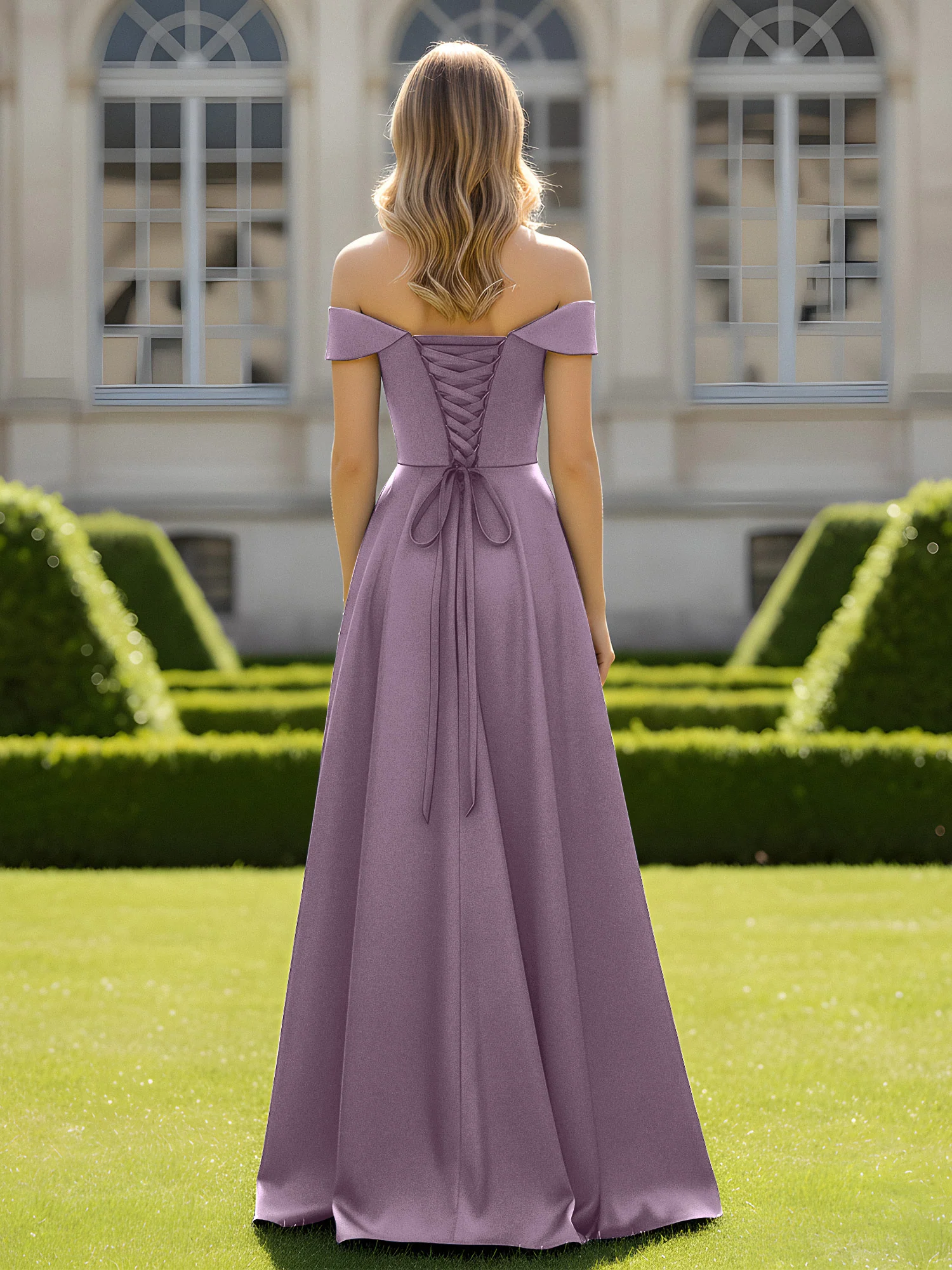 Off-The-Shoulder A-Line Satin Minimal Dress Wisteria - Image 2