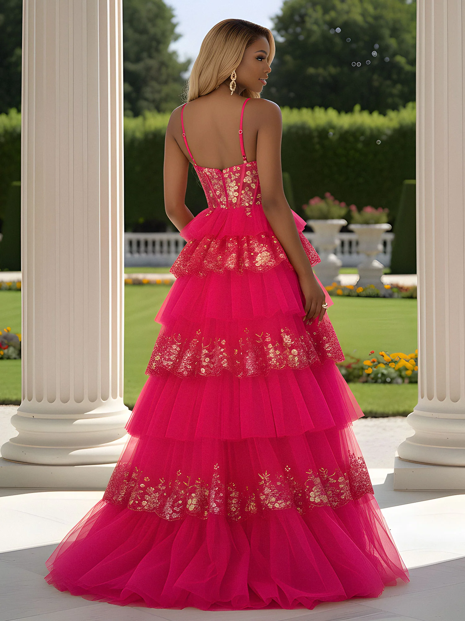Sequins Tulle Ruffle Sweetheart Zipper A-Line Prom Dress Fuchsia - Image 2