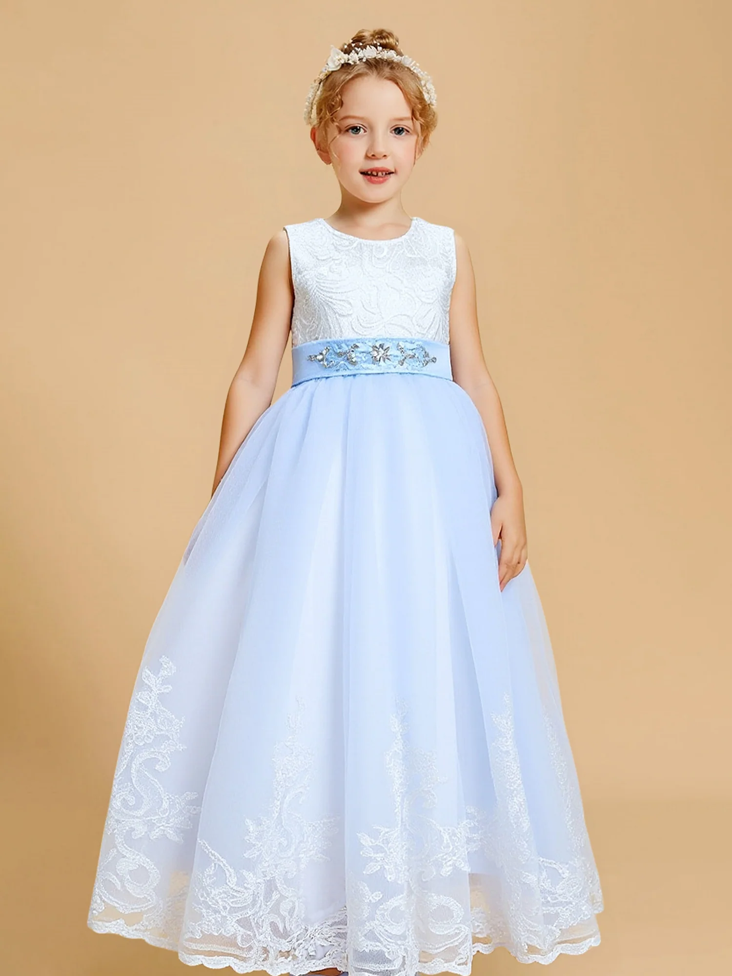 Lace Bodice Jewel Belt Tiered Bow Flower Girl Dress Sky Blue