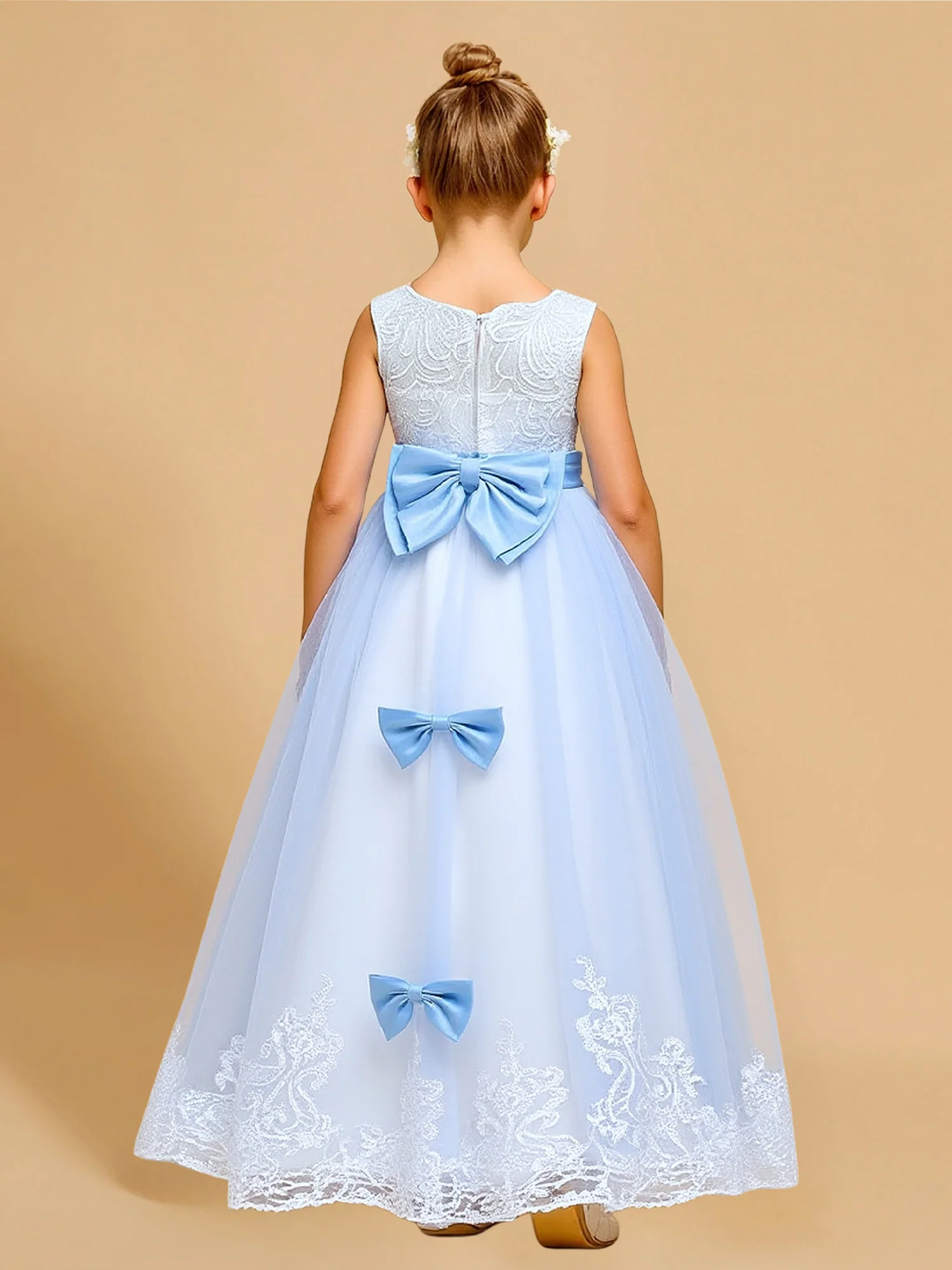 Lace Bodice Jewel Belt Tiered Bow Flower Girl Dress Sky Blue - Image 2