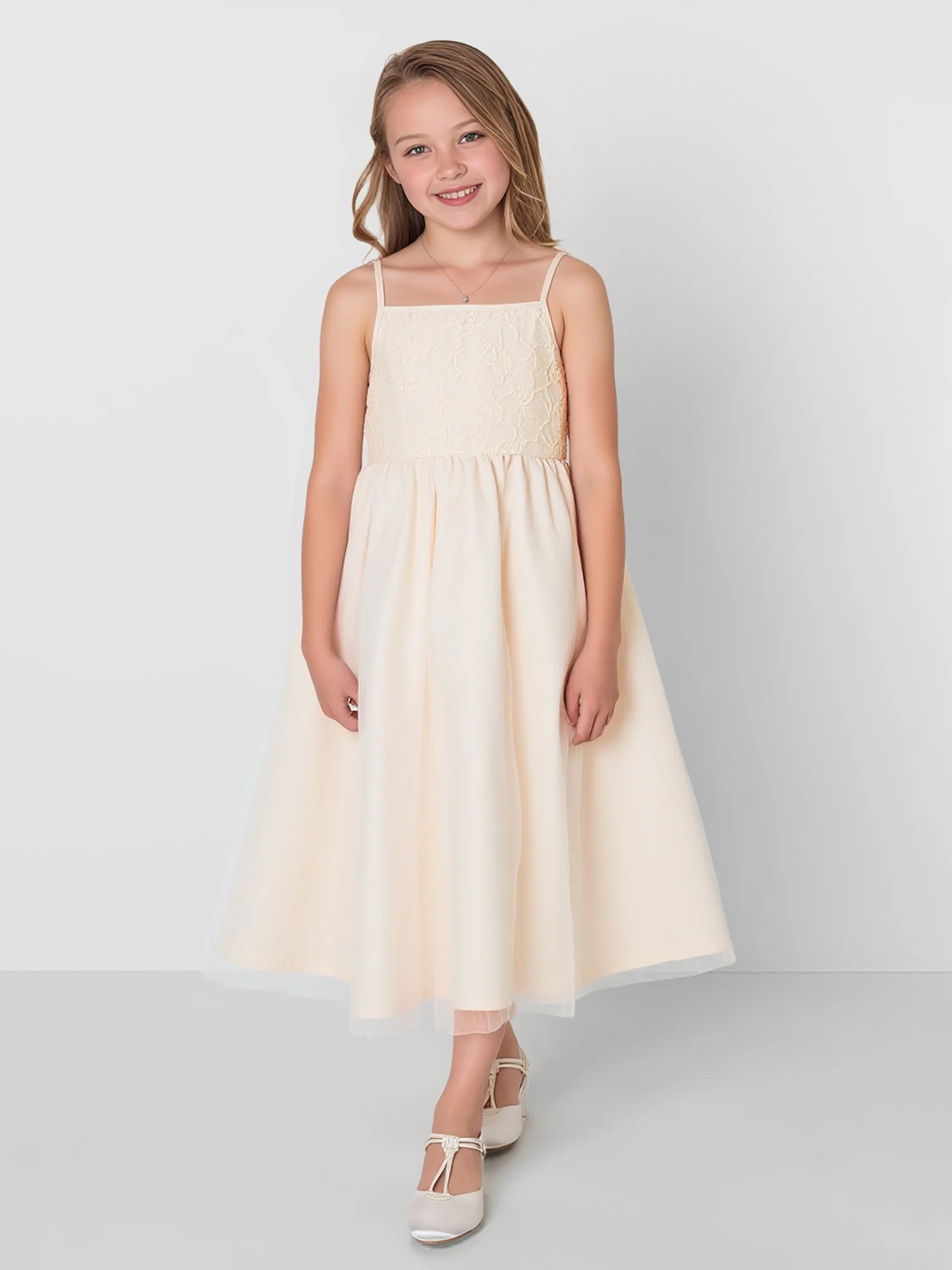 Square Neck Long Skirt Chiffon Party Flower Girl Dress Champagne
