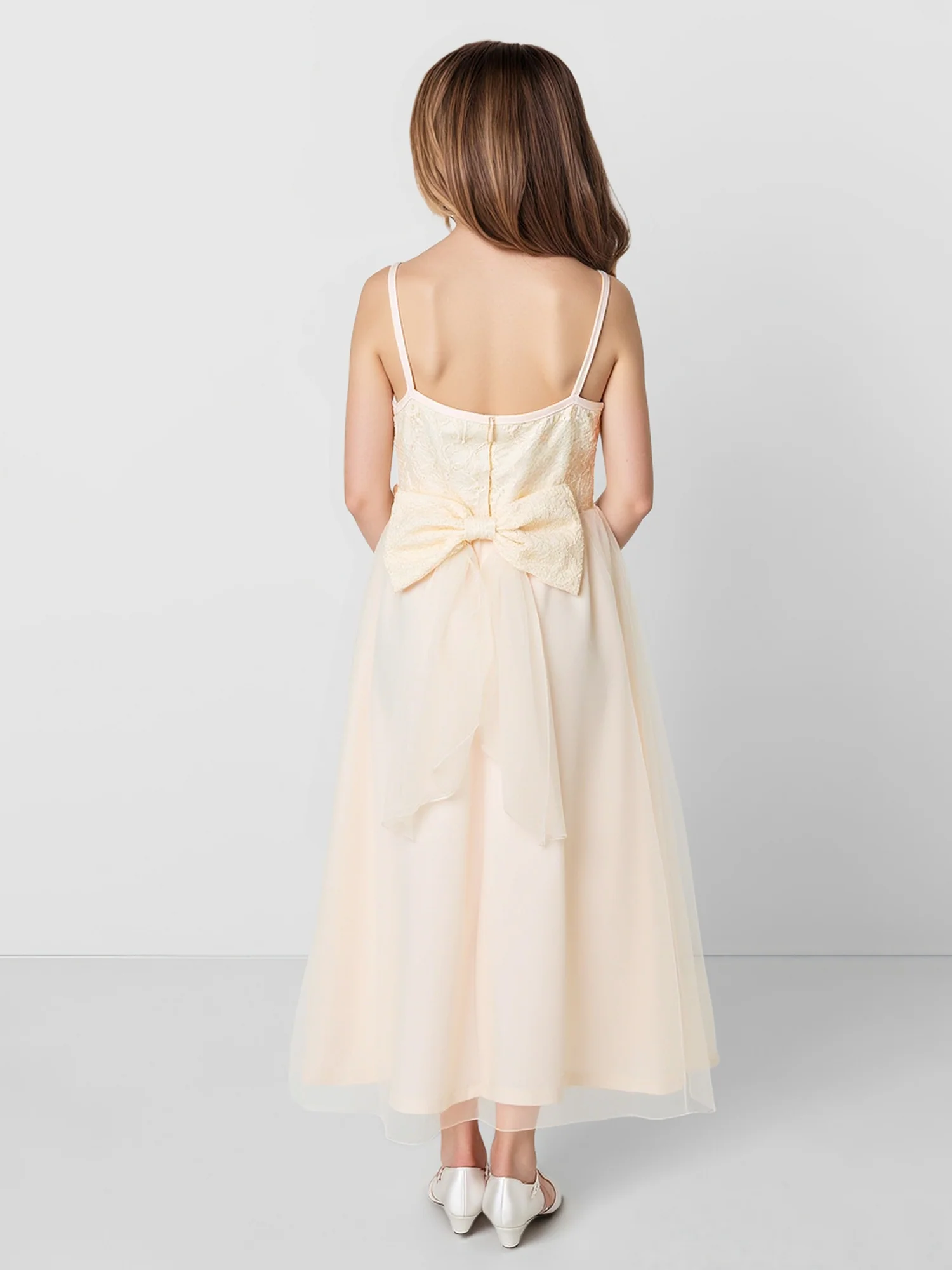 Square Neck Long Skirt Chiffon Party Flower Girl Dress Champagne - Image 2