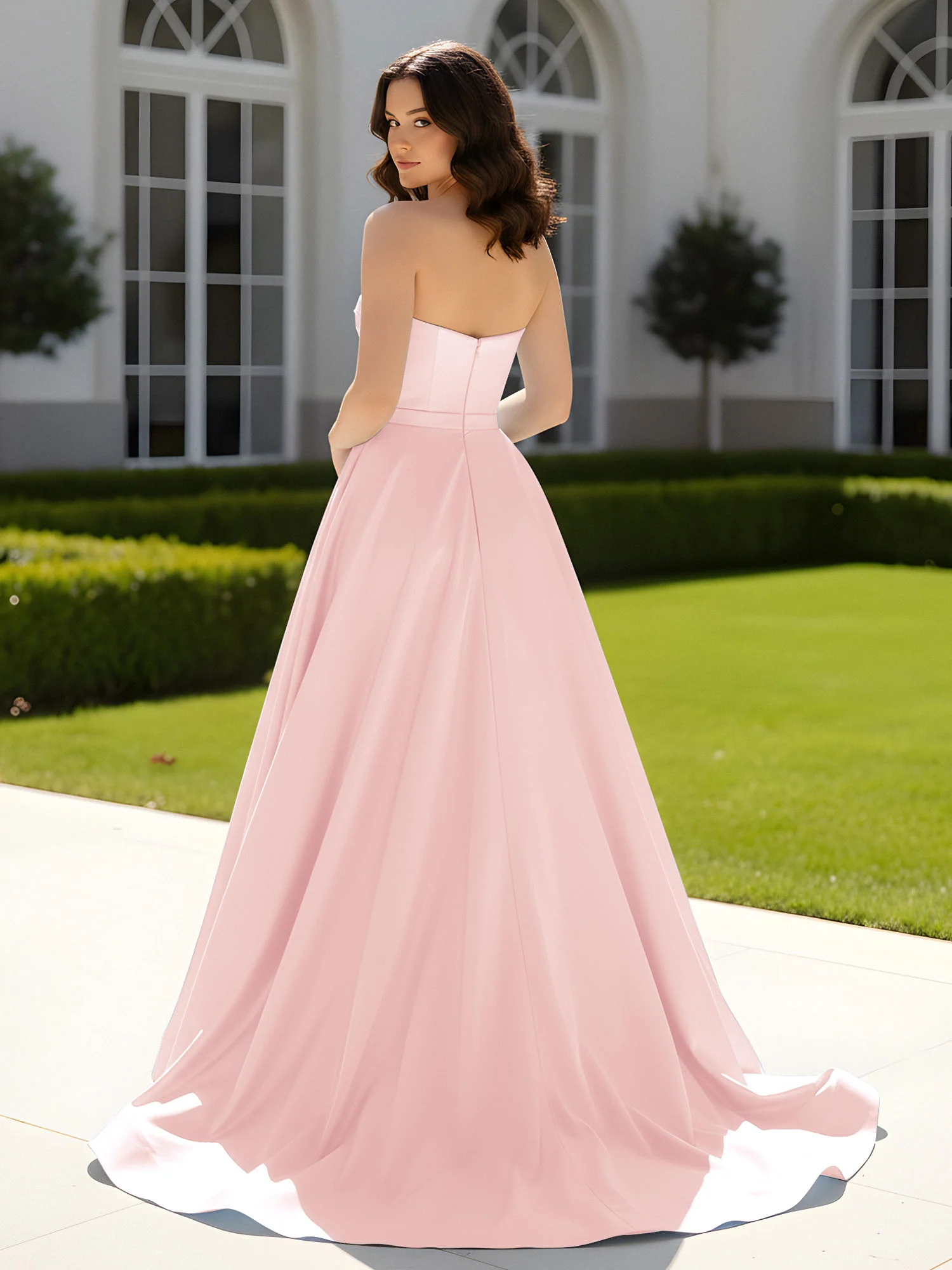 Pleated Sweetheart Satin Ball Gown With Sweep/Brush Train Blushing Pink - Image 2