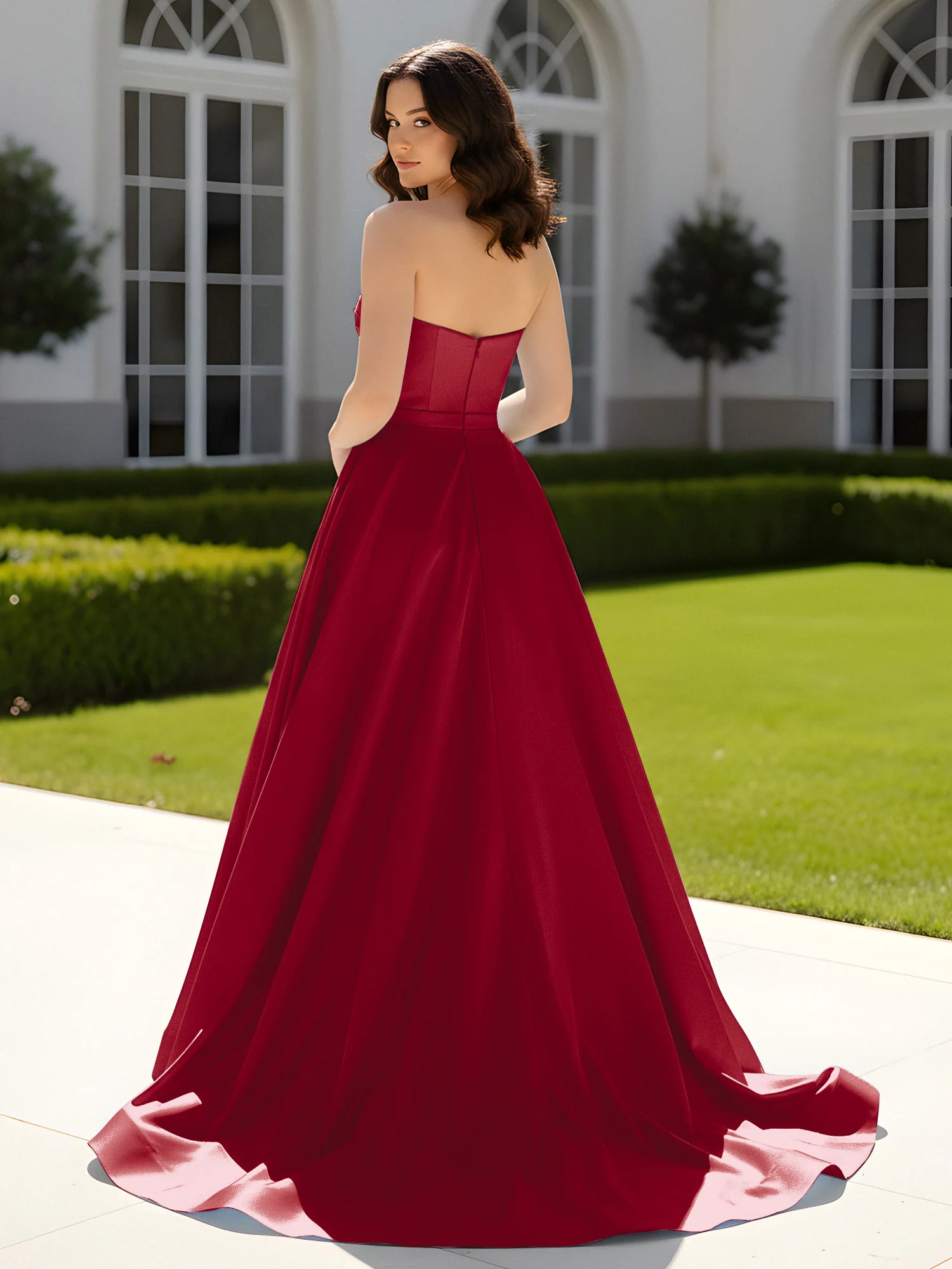 Pleated Sweetheart Satin Ball Gown With Sweep/Brush Train Burgundy - Image 2