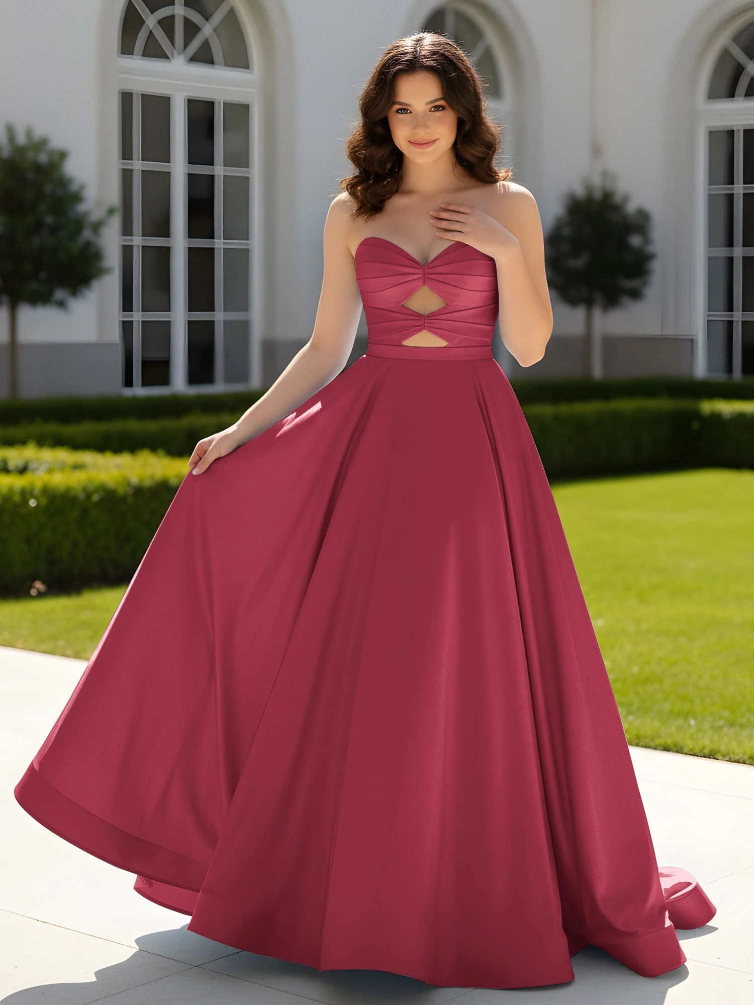 Pleated Sweetheart Satin Ball Gown With Sweep/Brush Train Cinnamon Rose