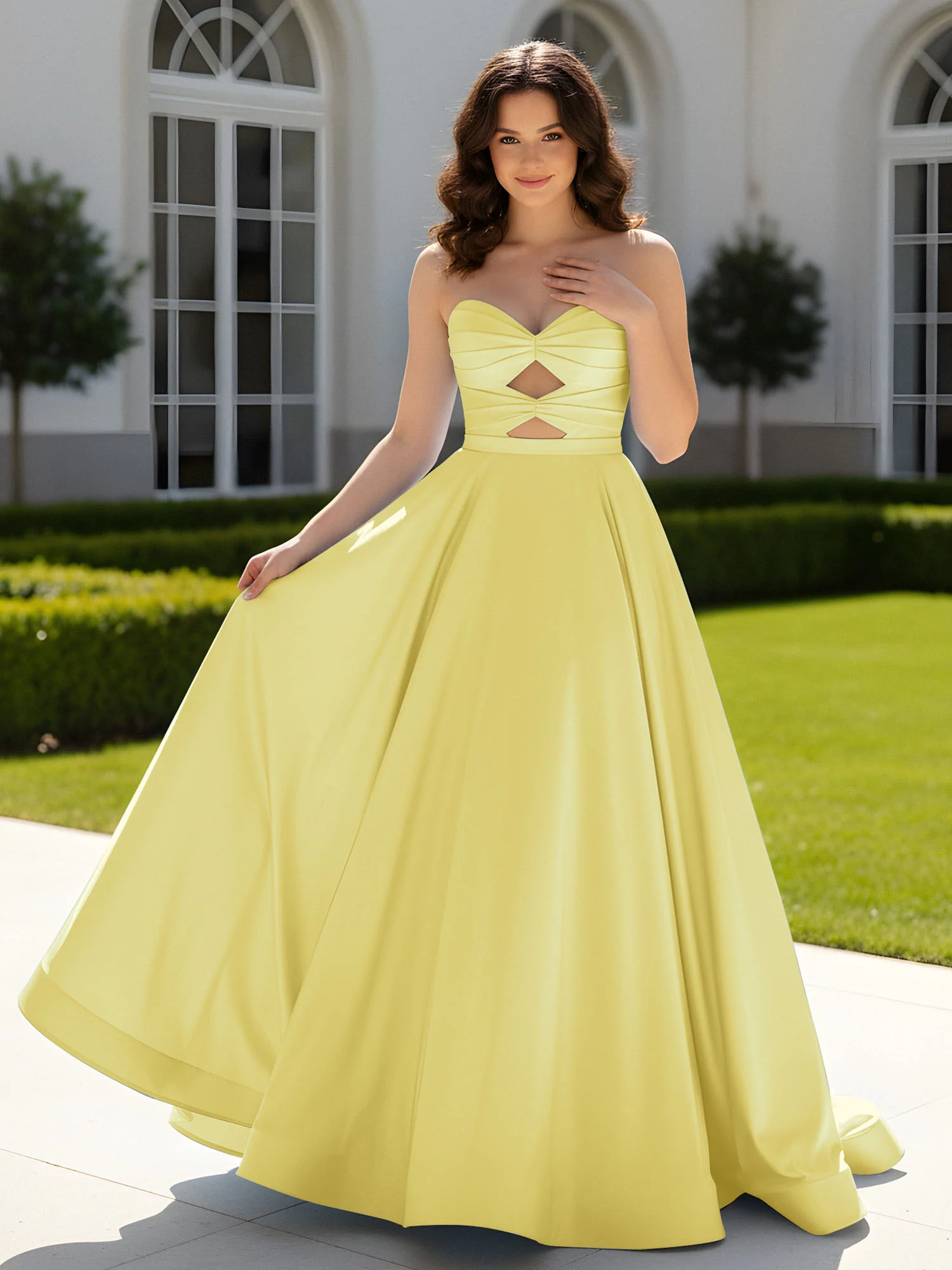 Pleated Sweetheart Satin Ball Gown With Sweep/Brush Train Daffodil