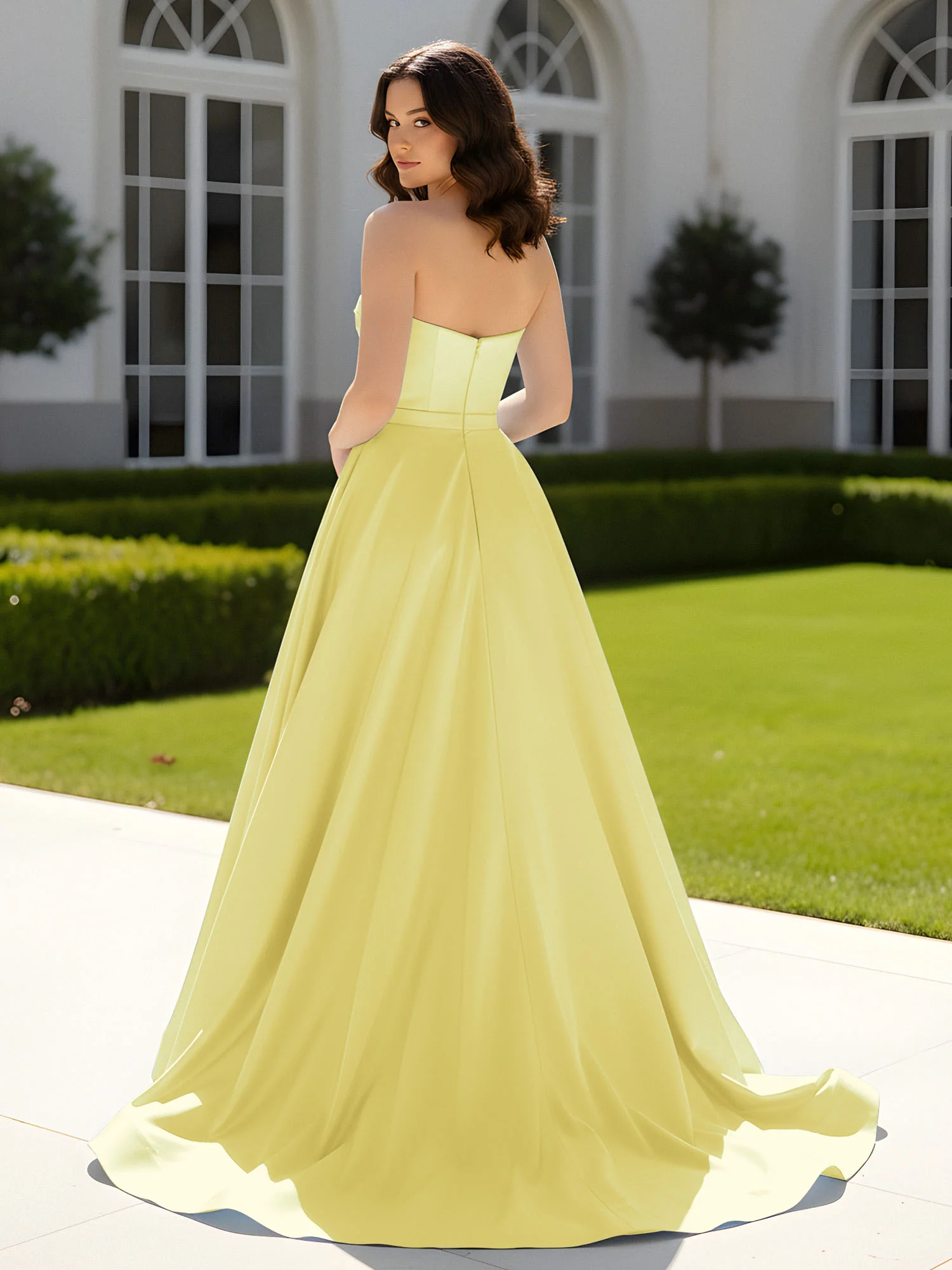 Pleated Sweetheart Satin Ball Gown With Sweep/Brush Train Daffodil - Image 2