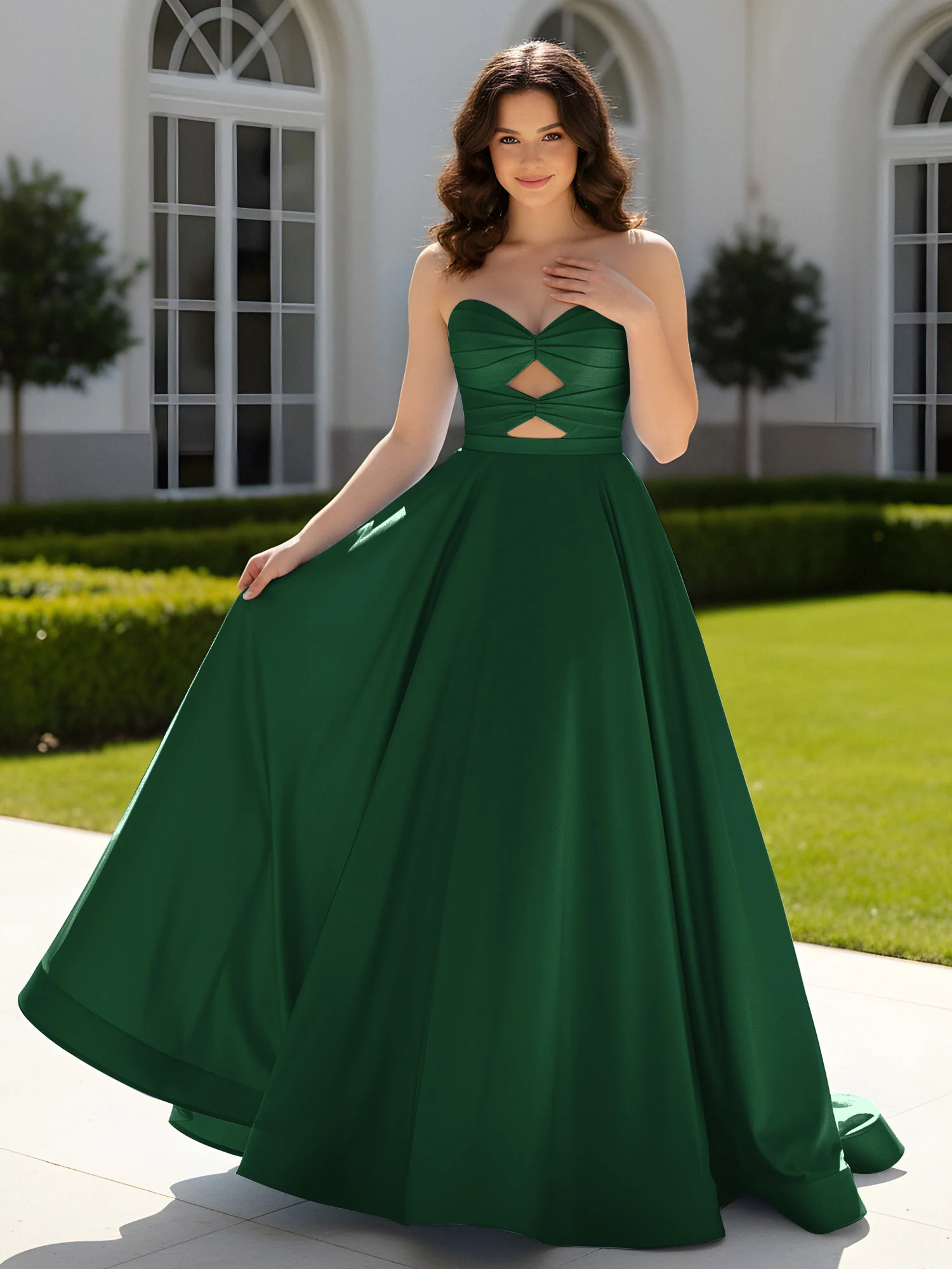Pleated Sweetheart Satin Ball Gown With Sweep/Brush Train Dark Green