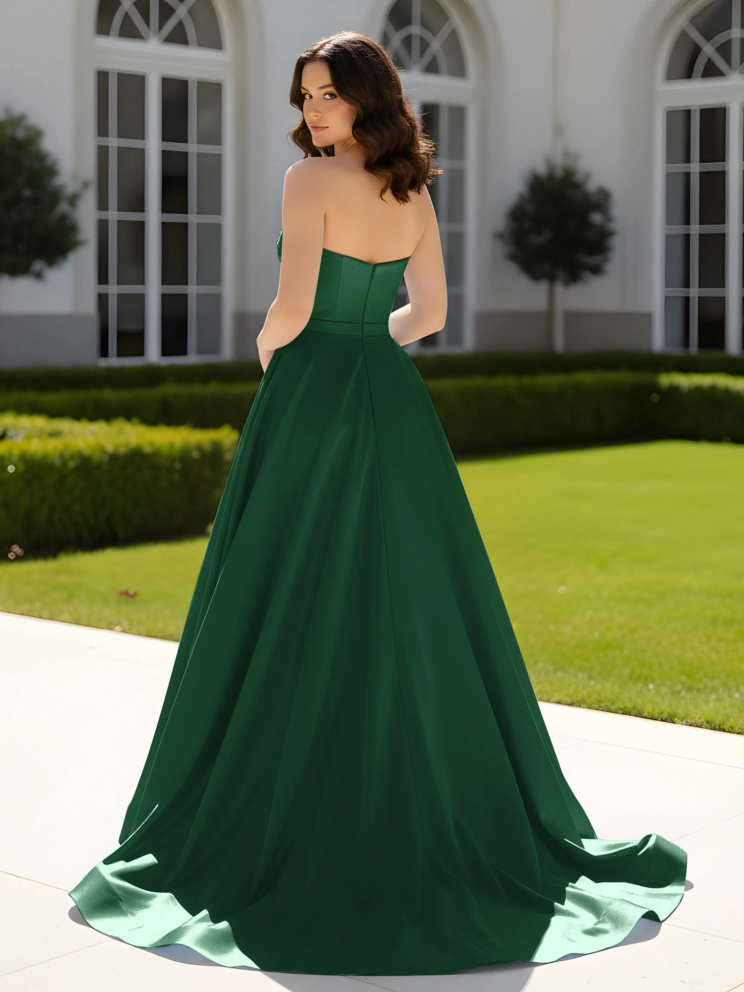 Pleated Sweetheart Satin Ball Gown With Sweep/Brush Train Dark Green - Image 2