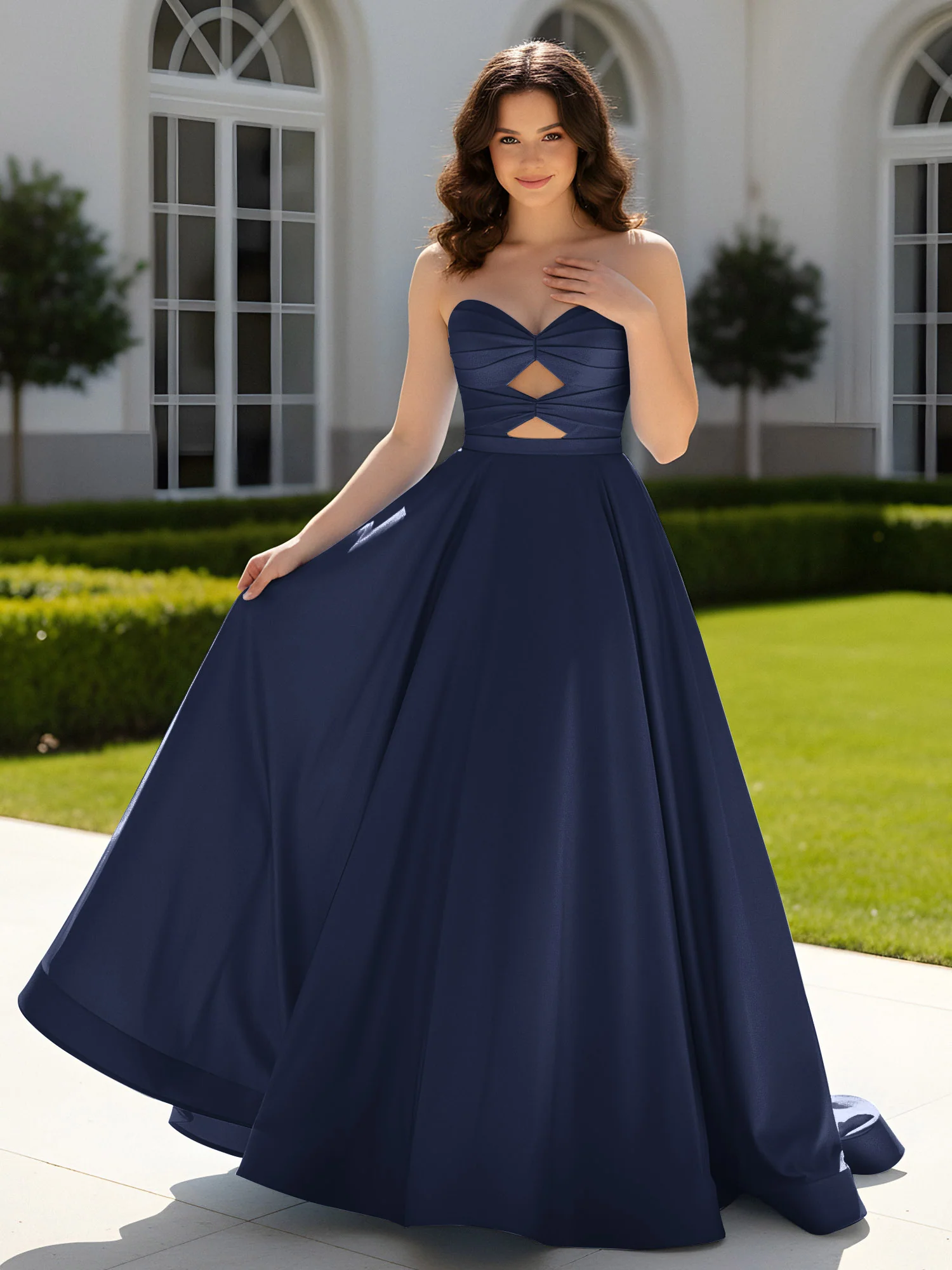 Pleated Sweetheart Satin Ball Gown With Sweep/Brush Train Dark Navy
