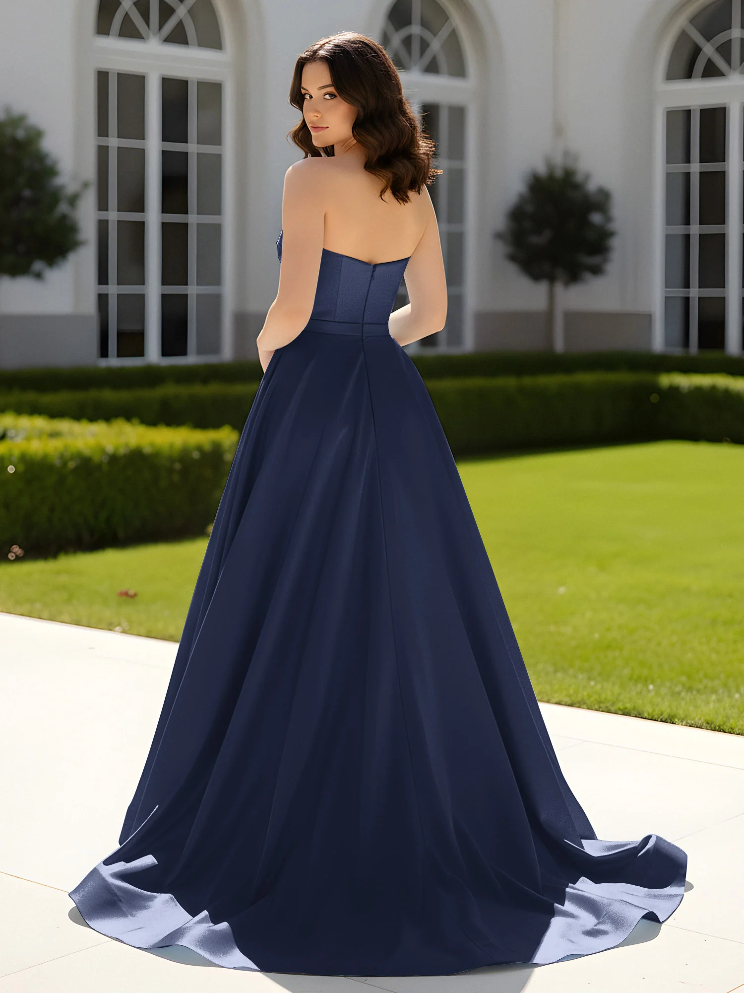 Pleated Sweetheart Satin Ball Gown With Sweep/Brush Train Dark Navy - Image 2