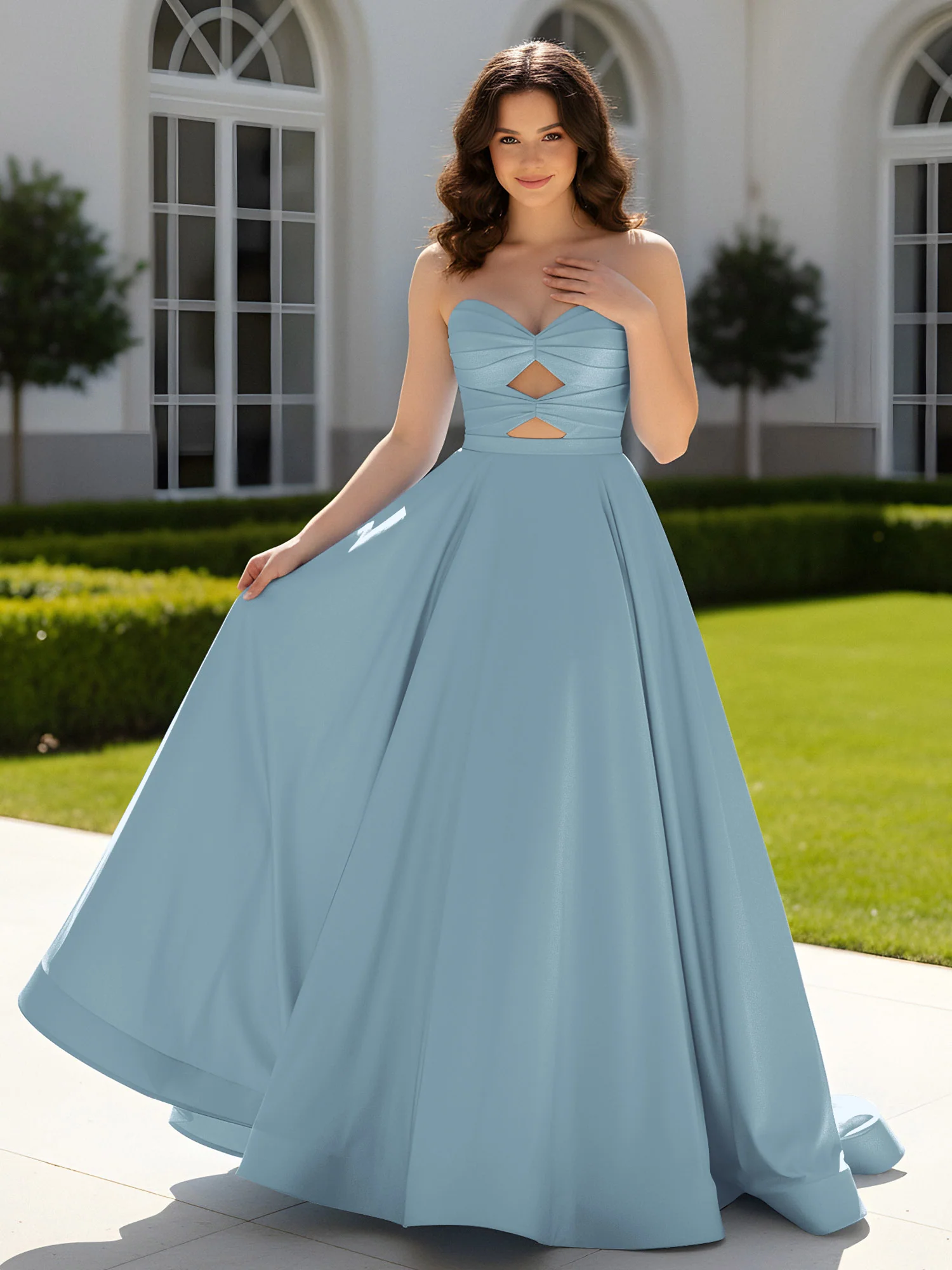 Pleated Sweetheart Satin Ball Gown With Sweep/Brush Train Dusty Blue