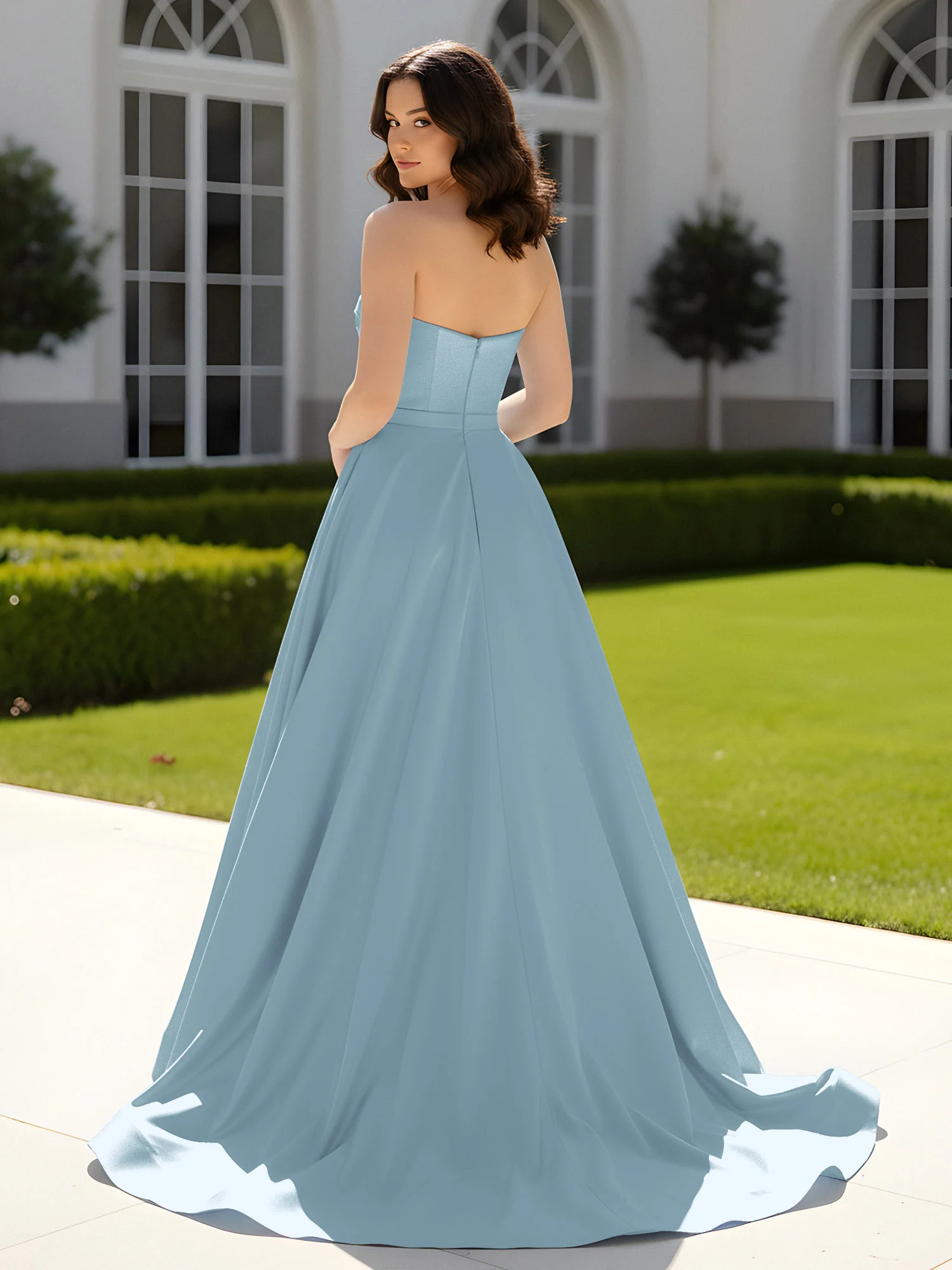 Pleated Sweetheart Satin Ball Gown With Sweep/Brush Train Dusty Blue - Image 2