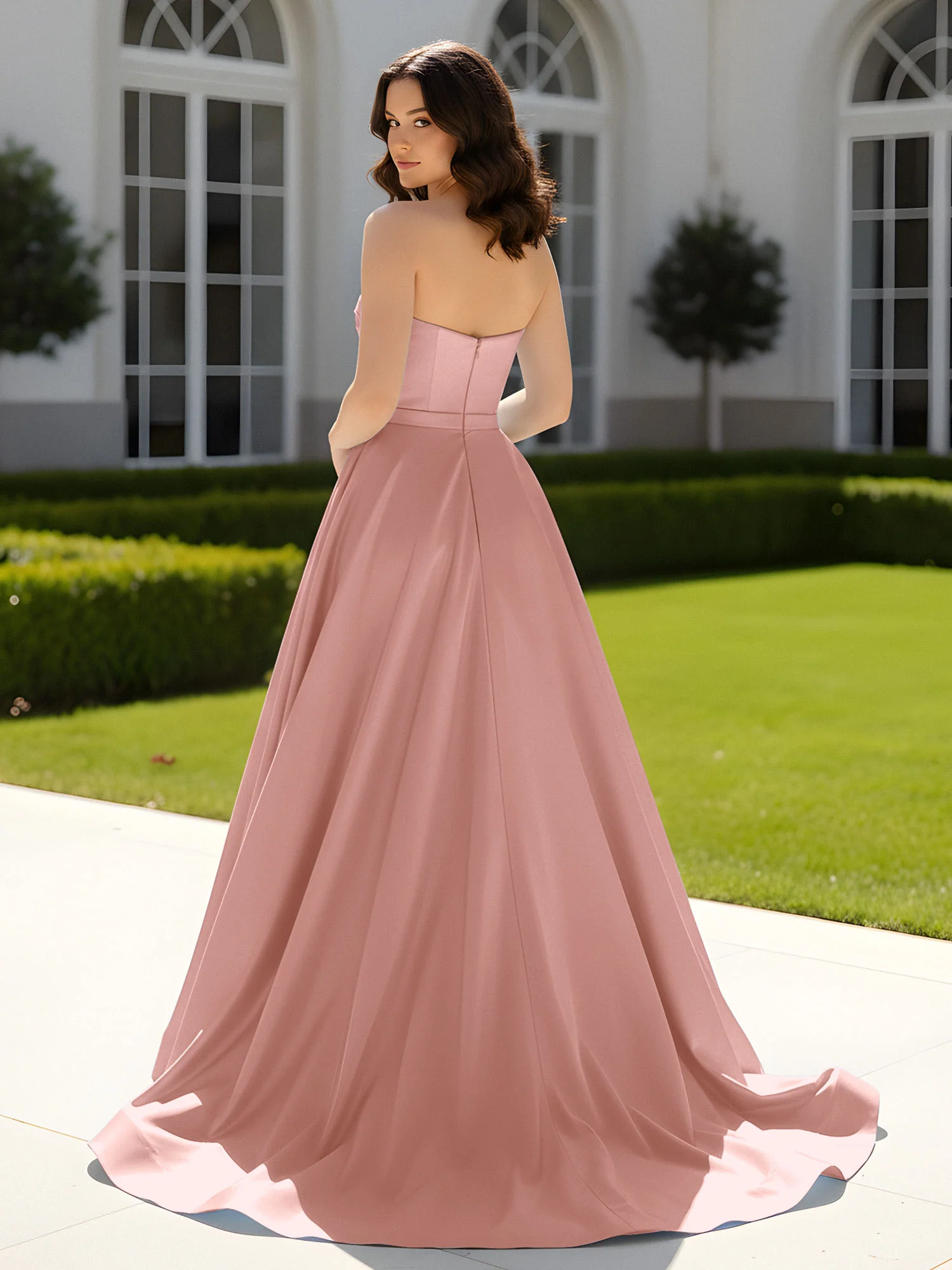 Pleated Sweetheart Satin Ball Gown With Sweep/Brush Train Dusty Rose - Image 2