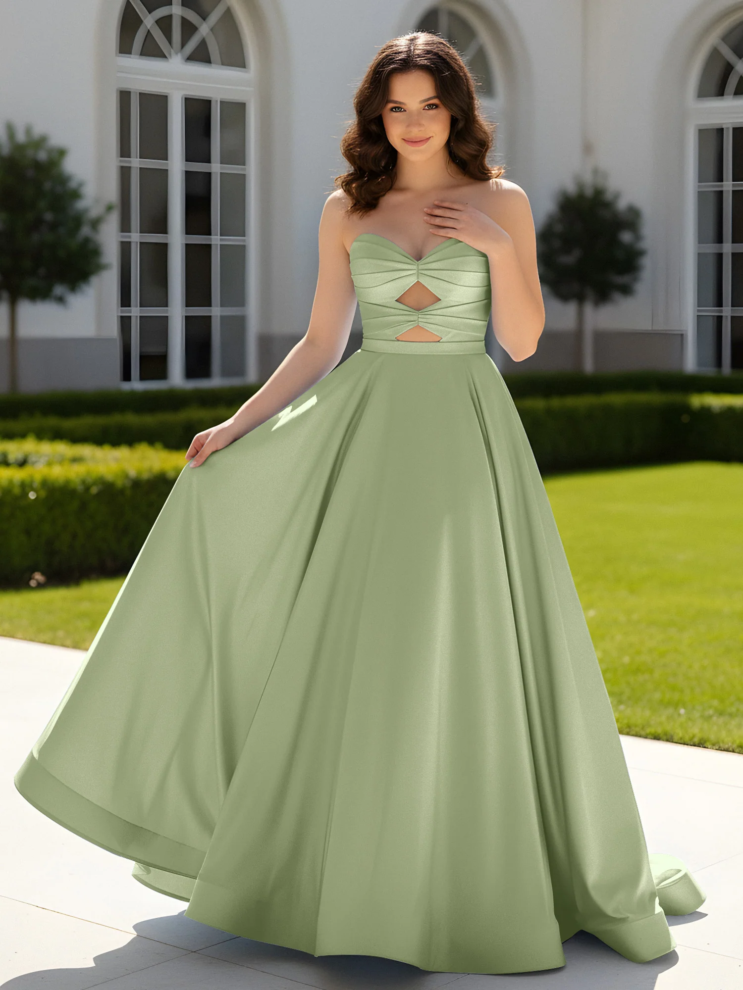 Pleated Sweetheart Satin Ball Gown With Sweep/Brush Train Dusty Sage