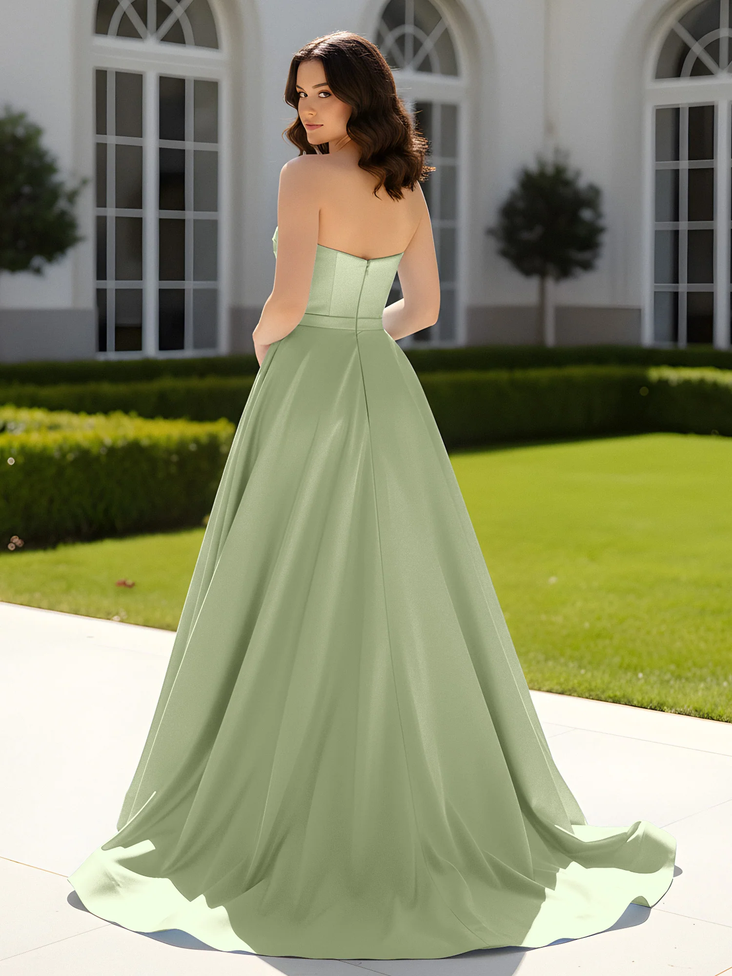Pleated Sweetheart Satin Ball Gown With Sweep/Brush Train Dusty Sage - Image 2