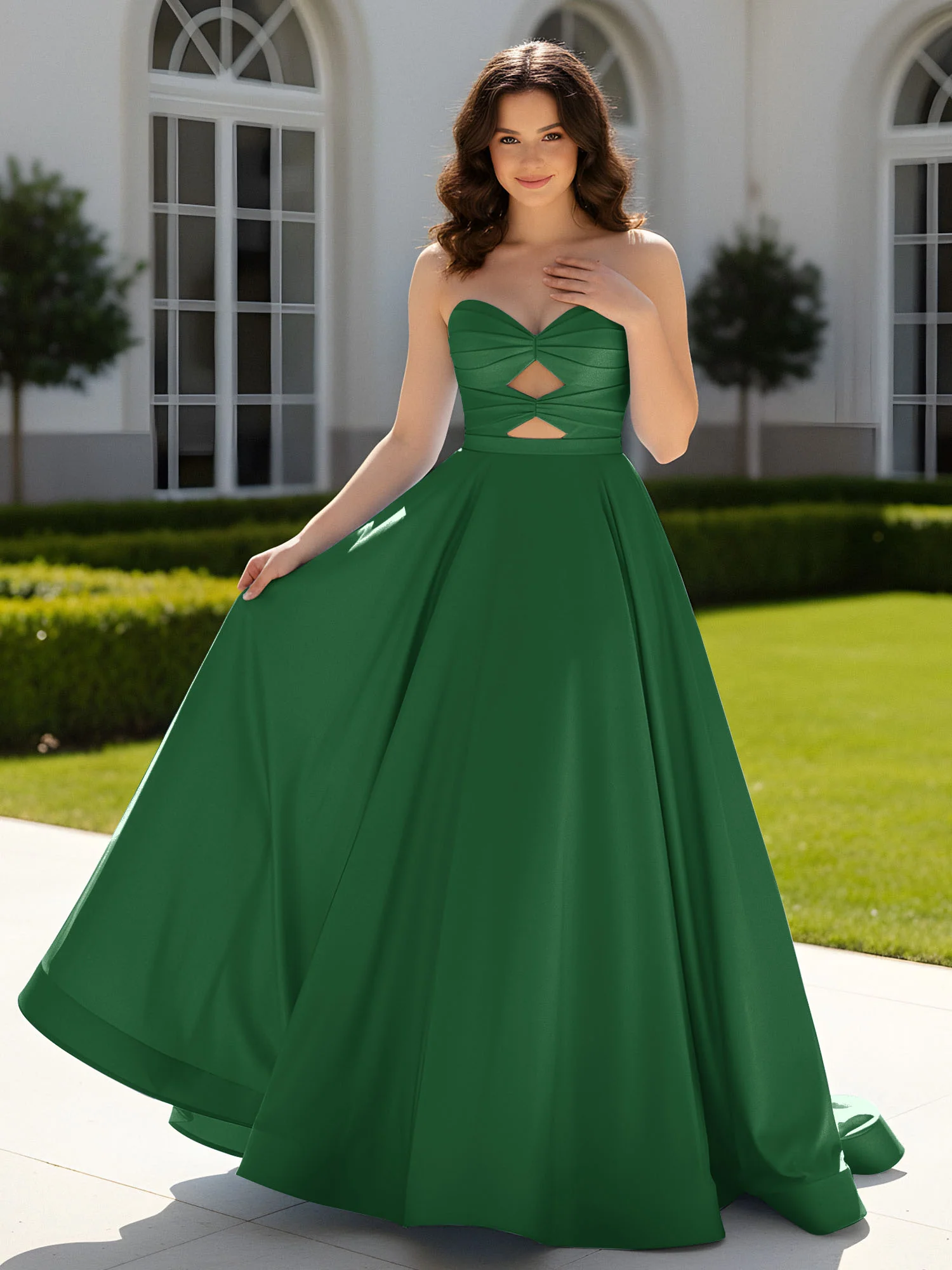 Pleated Sweetheart Satin Ball Gown With Sweep/Brush Train Emerald