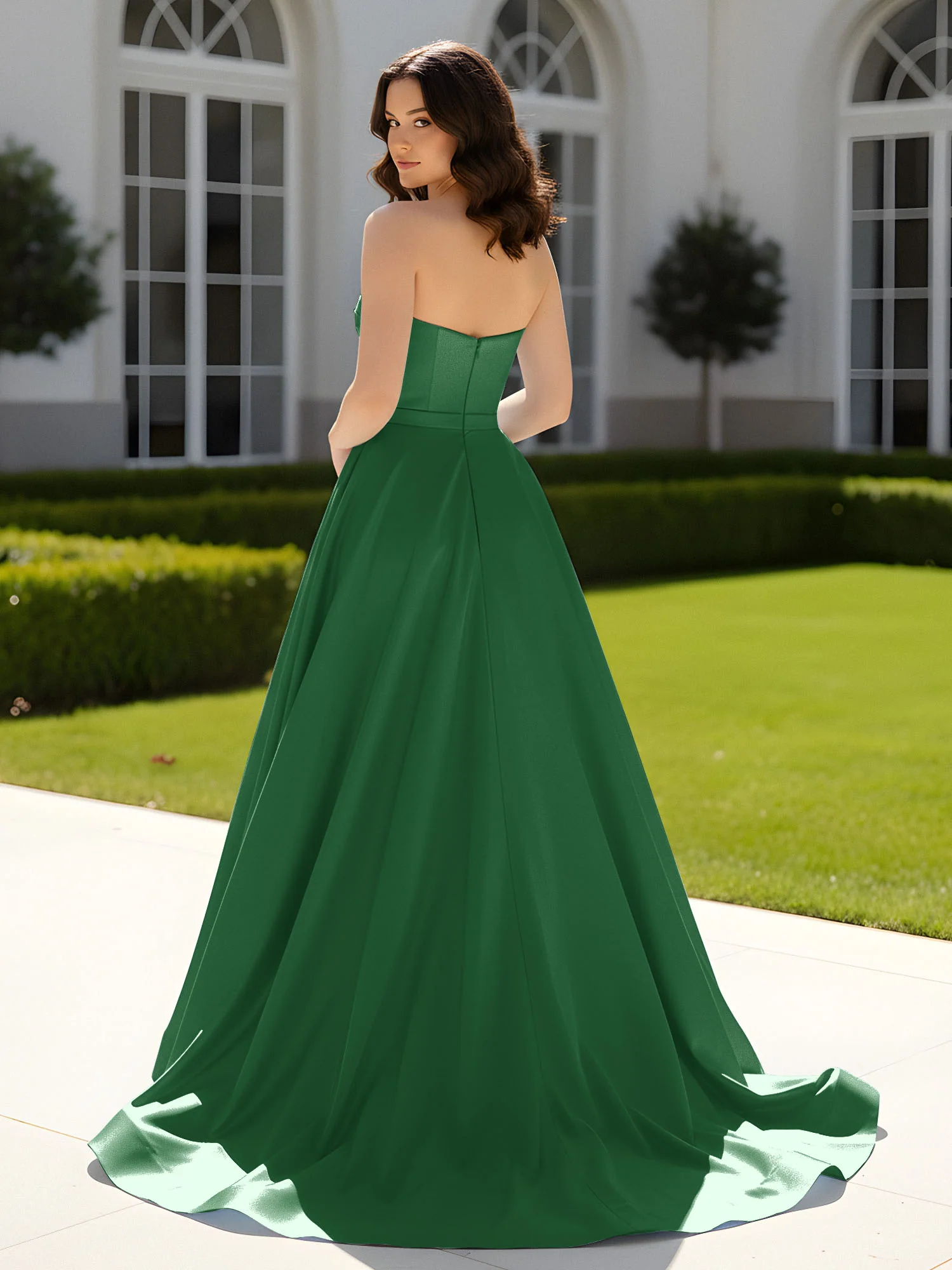 Pleated Sweetheart Satin Ball Gown With Sweep/Brush Train Emerald - Image 2
