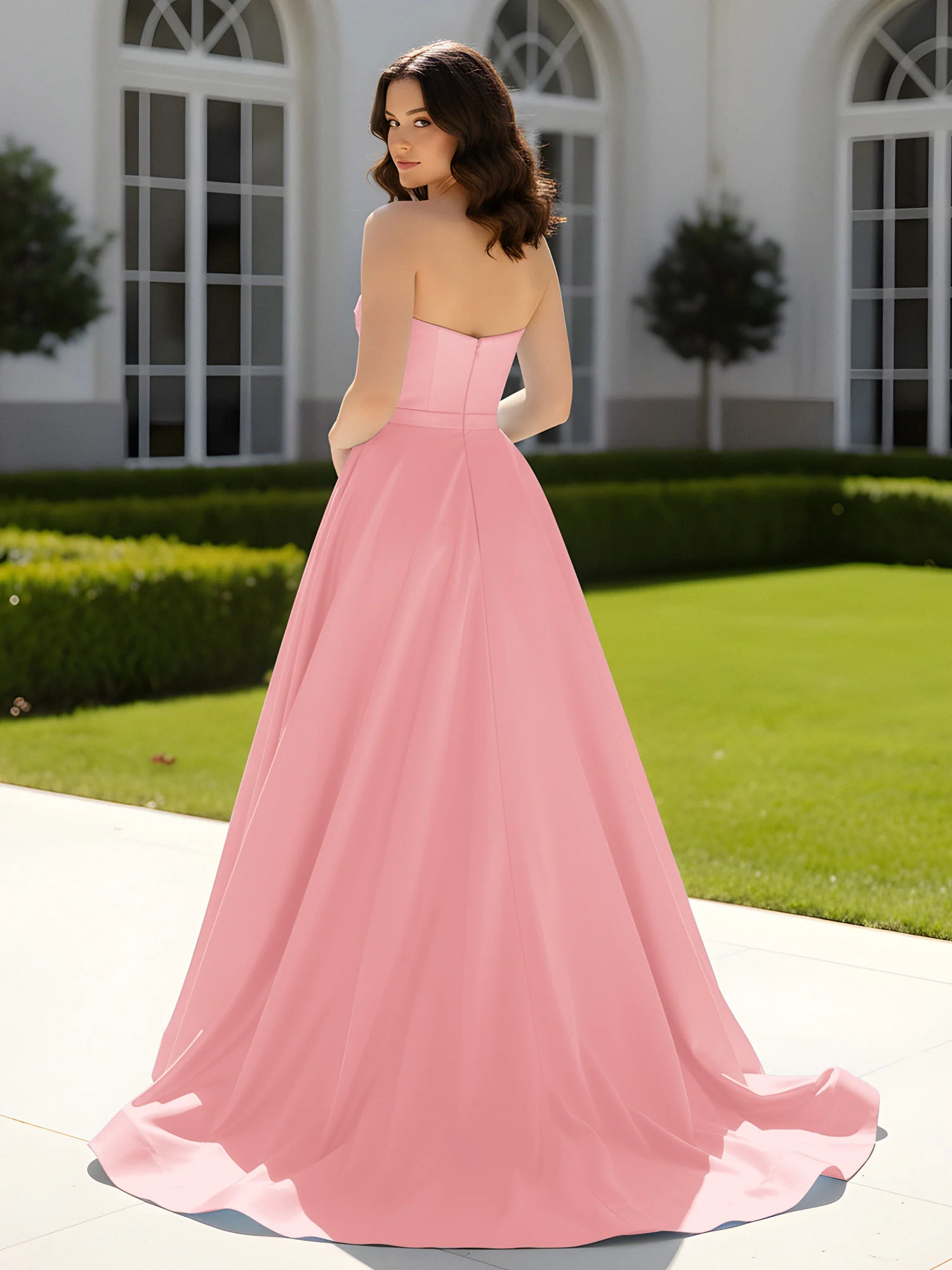 Pleated Sweetheart Satin Ball Gown With Sweep/Brush Train Flamingo - Image 2