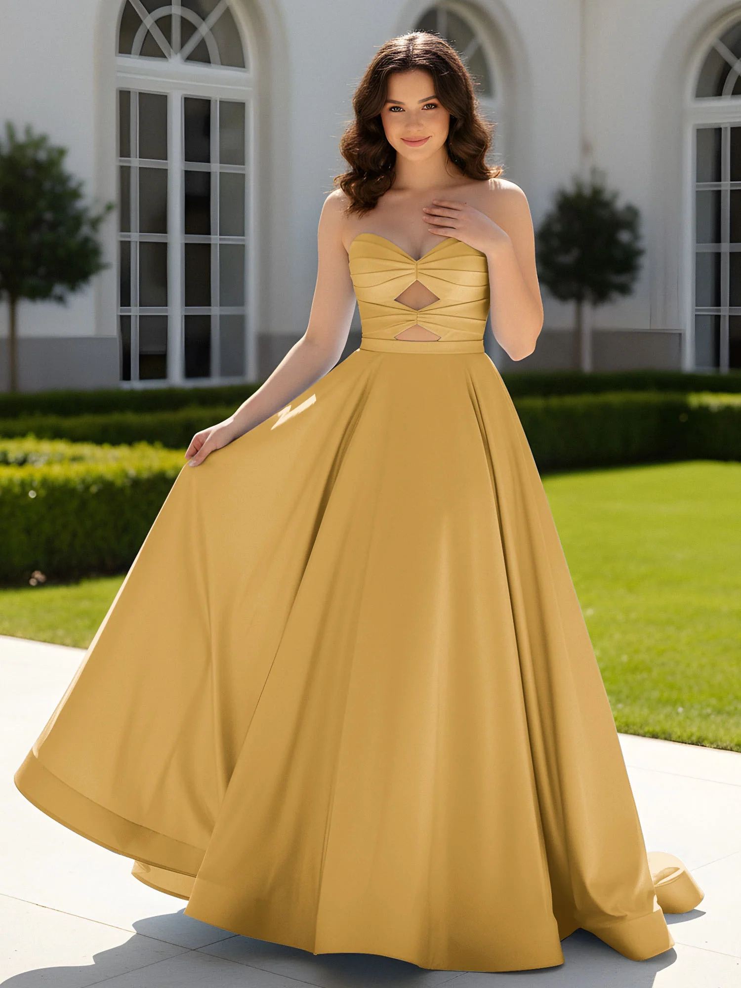Pleated Sweetheart Satin Ball Gown With Sweep/Brush Train Gold