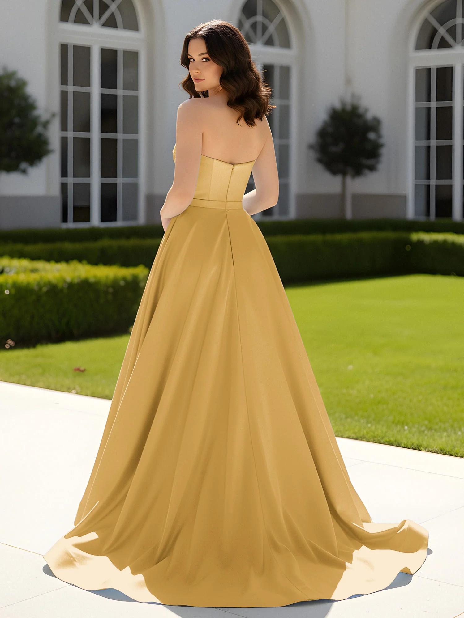 Pleated Sweetheart Satin Ball Gown With Sweep/Brush Train Gold - Image 2