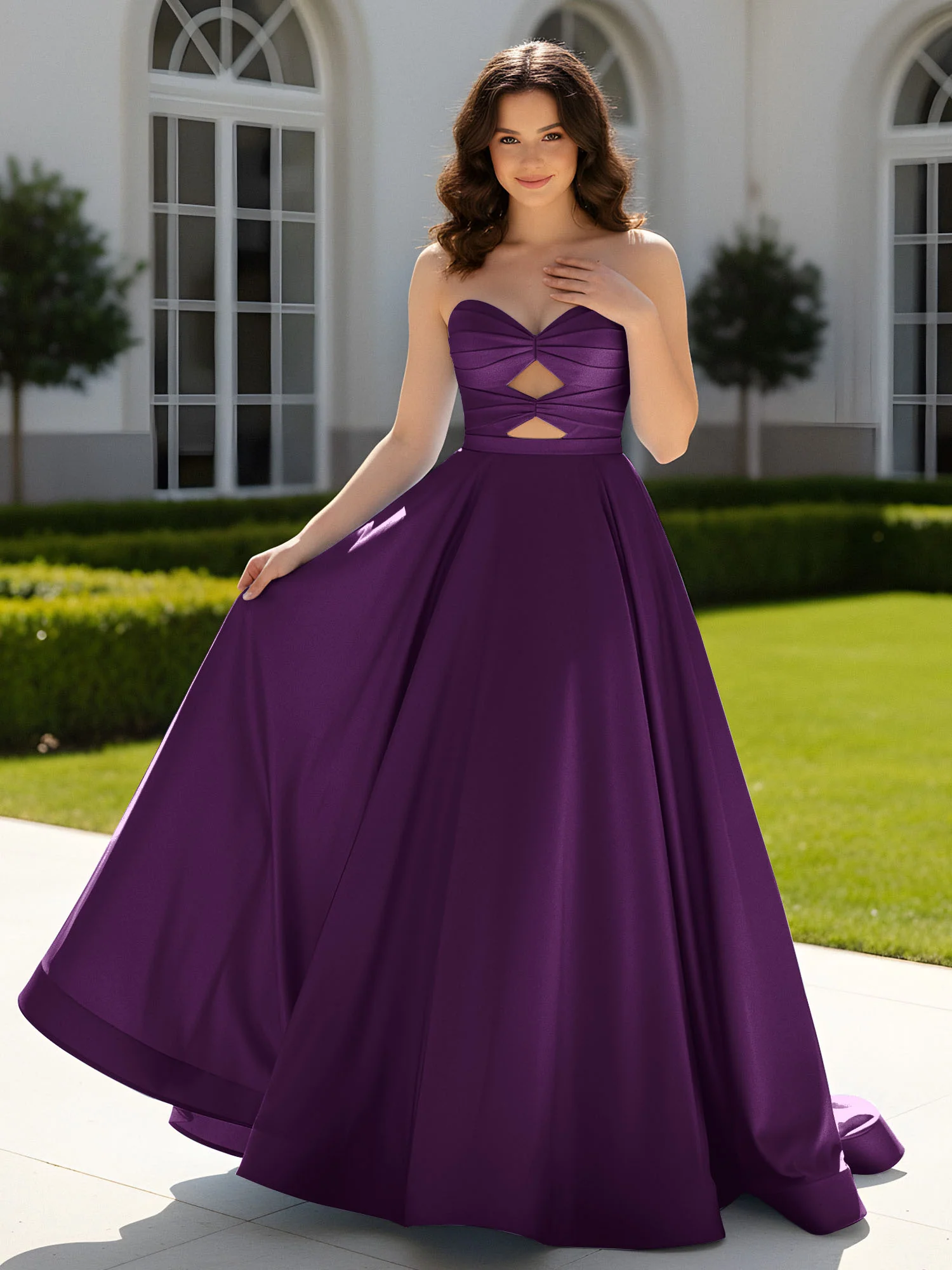 Pleated Sweetheart Satin Ball Gown With Sweep/Brush Train Grape