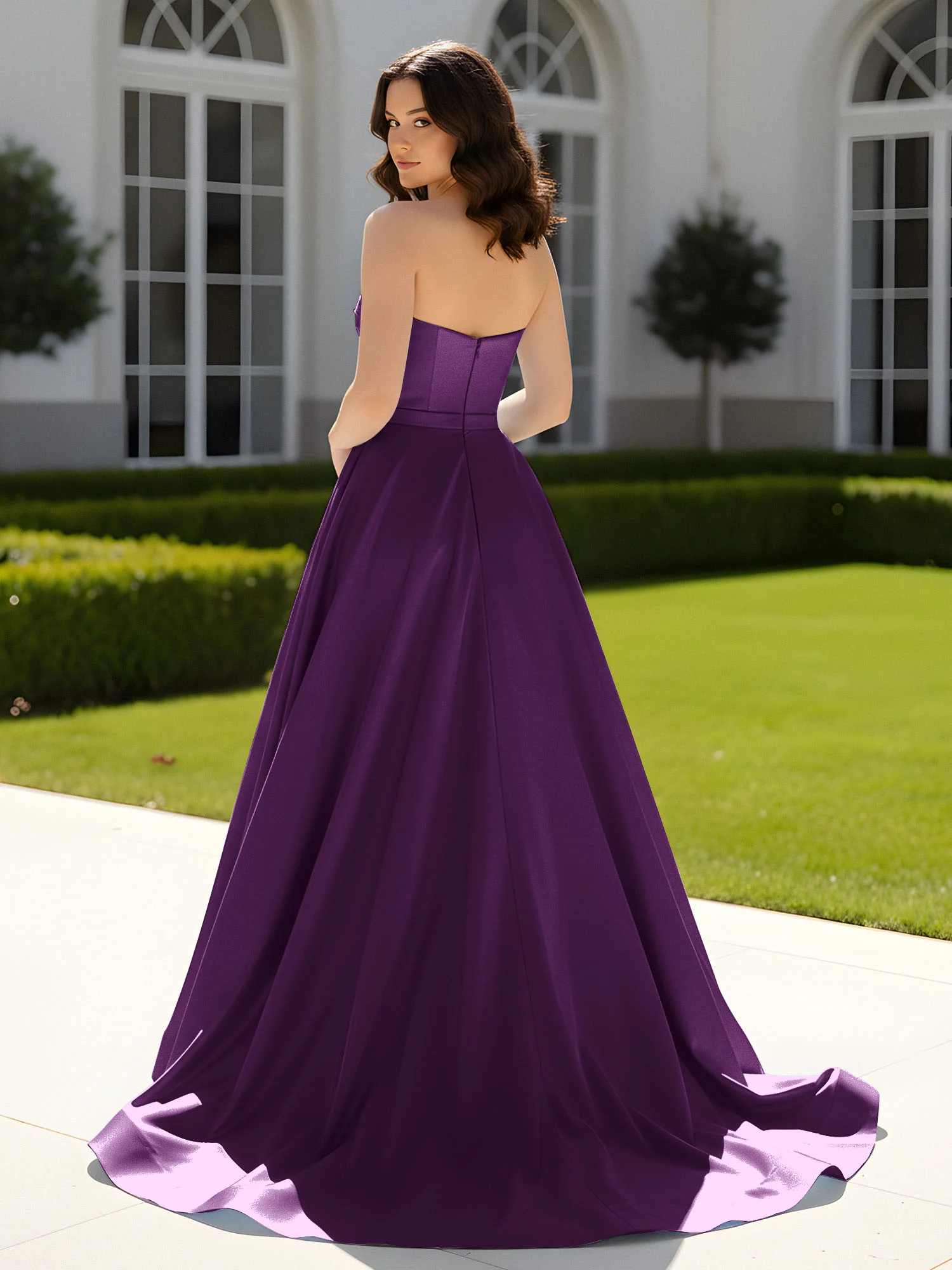 Pleated Sweetheart Satin Ball Gown With Sweep/Brush Train Grape - Image 2