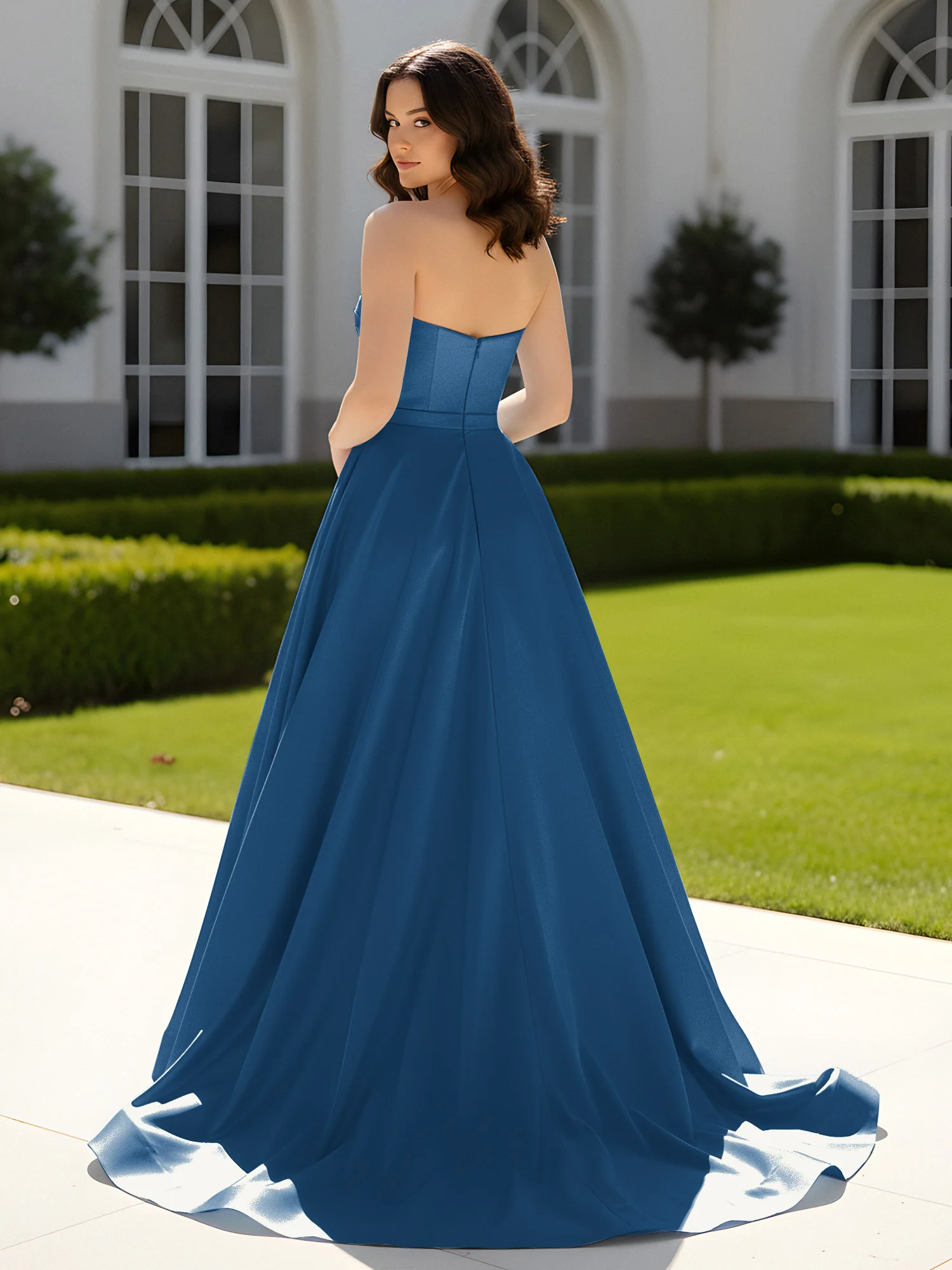 Pleated Sweetheart Satin Ball Gown With Sweep/Brush Train Ink Blue - Image 2
