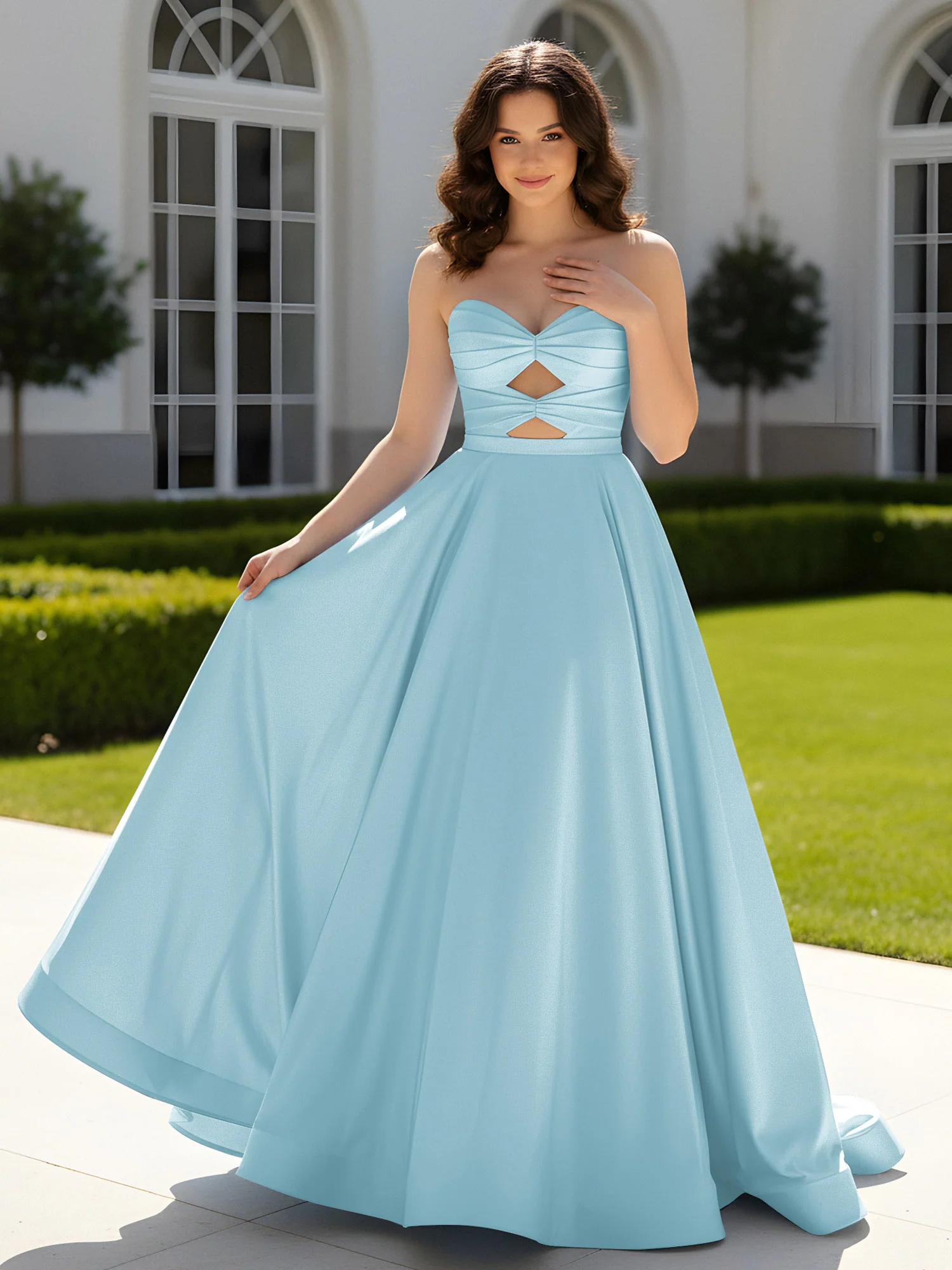 Pleated Sweetheart Satin Ball Gown With Sweep/Brush Train Mist