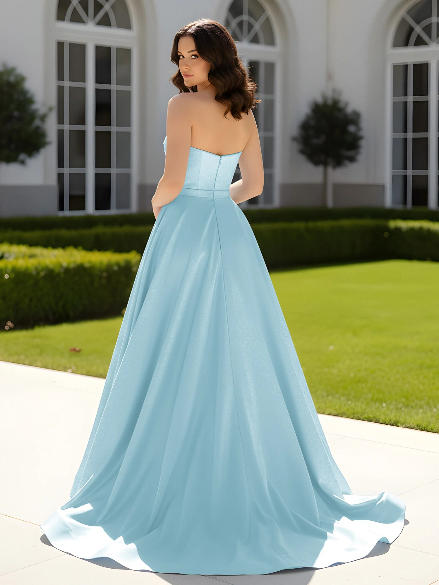 Pleated Sweetheart Satin Ball Gown With Sweep/Brush Train Mist - Image 2
