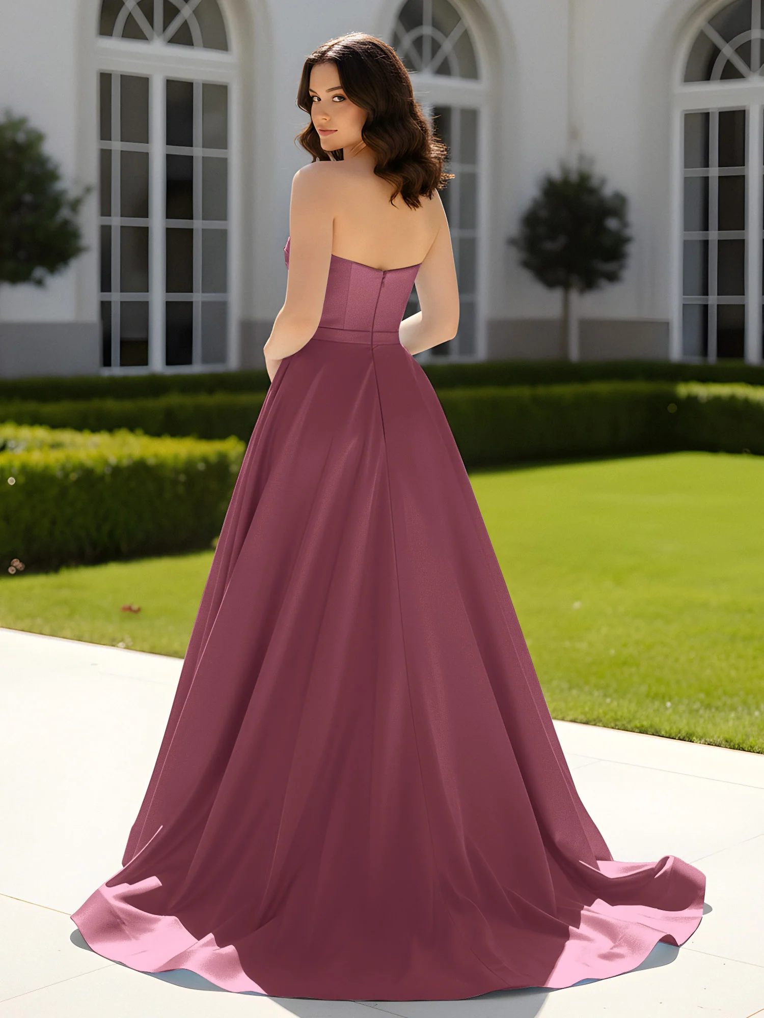 Pleated Sweetheart Satin Ball Gown With Sweep/Brush Train Mulberry - Image 2
