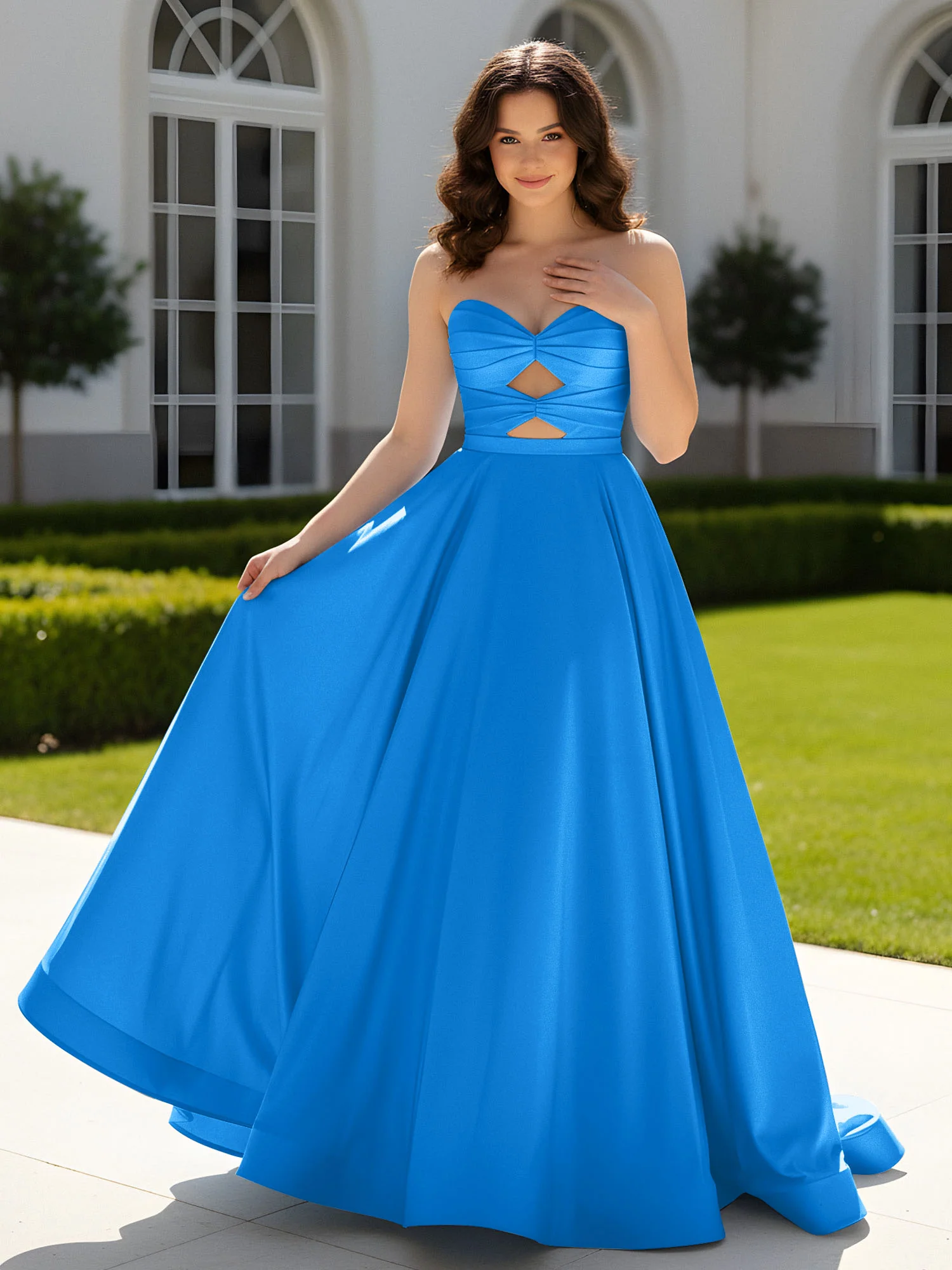 Pleated Sweetheart Satin Ball Gown With Sweep/Brush Train Ocean Blue