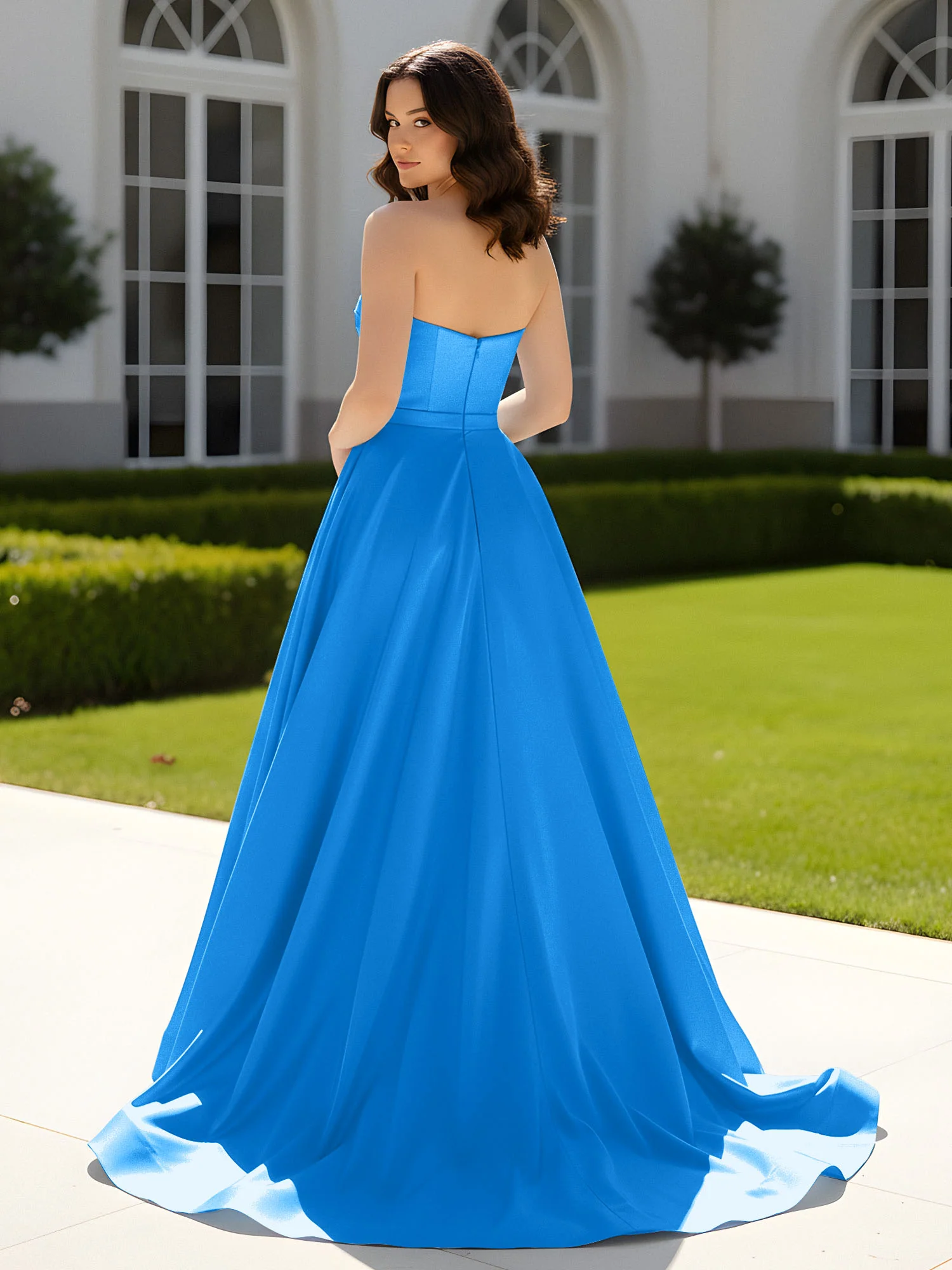Pleated Sweetheart Satin Ball Gown With Sweep/Brush Train Ocean Blue - Image 2