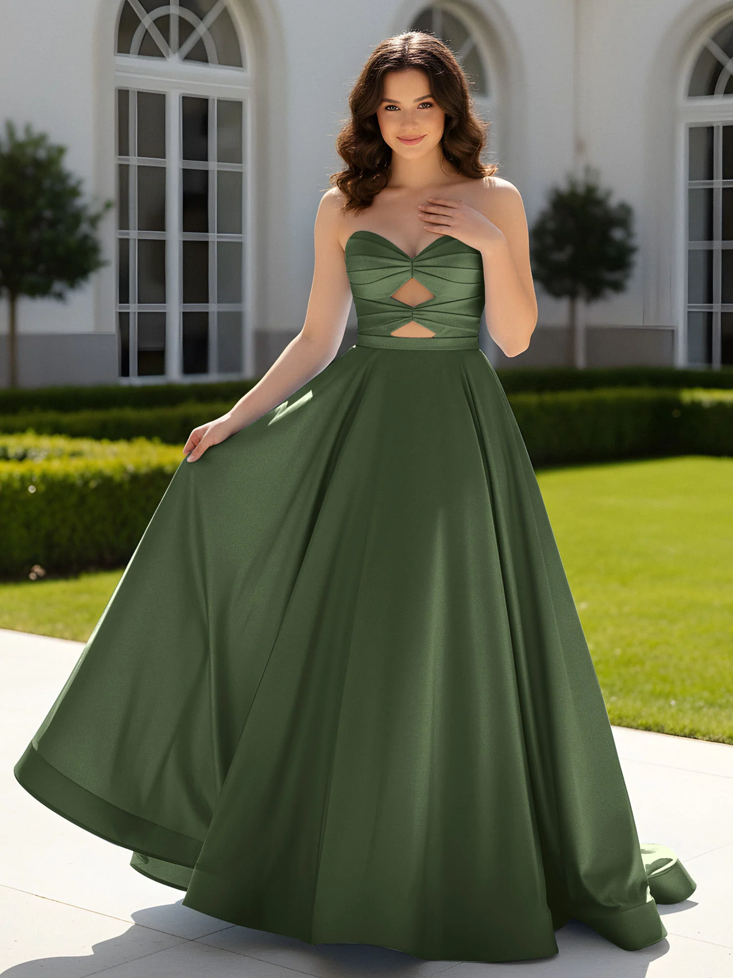 Pleated Sweetheart Satin Ball Gown With Sweep/Brush Train Olive Green