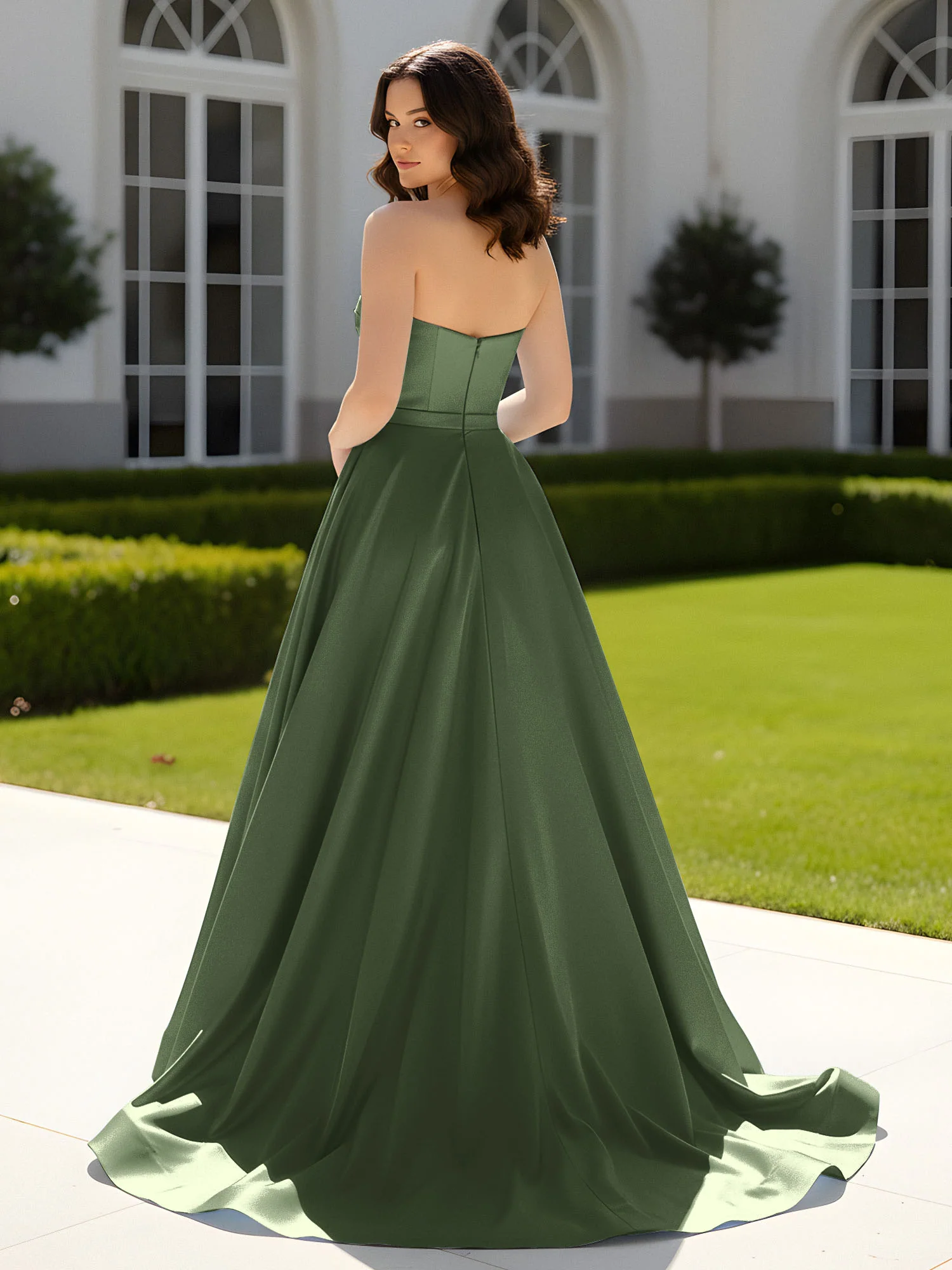 Pleated Sweetheart Satin Ball Gown With Sweep/Brush Train Olive Green - Image 2